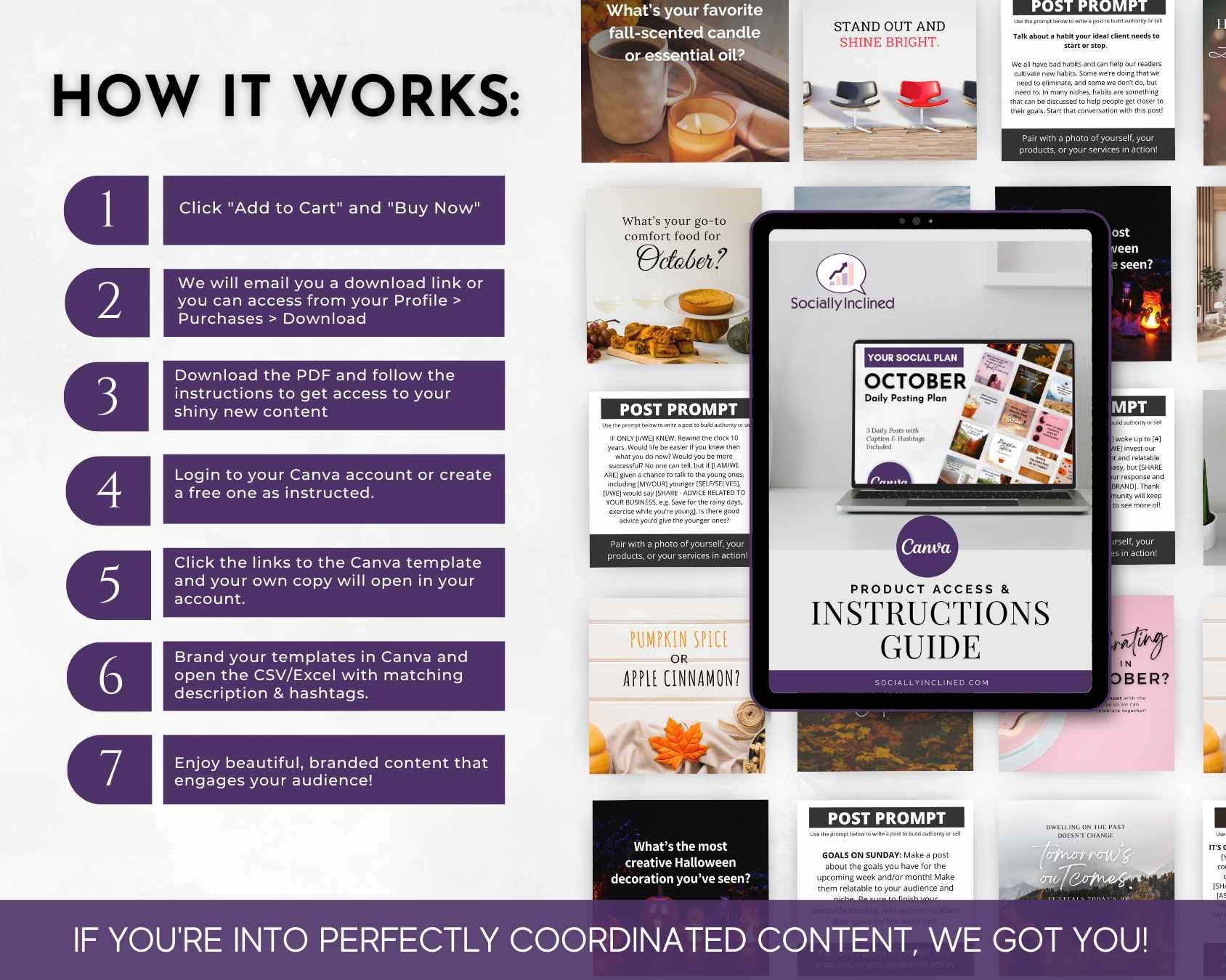 Infographic detailing a 7-step process for utilizing the "October Daily Posting Plan - Your Social Plan" from Get Socially Inclined. The steps include downloading a PDF, accessing your Canva account, and customizing branding templates. A large tablet showcases the guide, perfect for effortlessly enhancing your social media strategy.