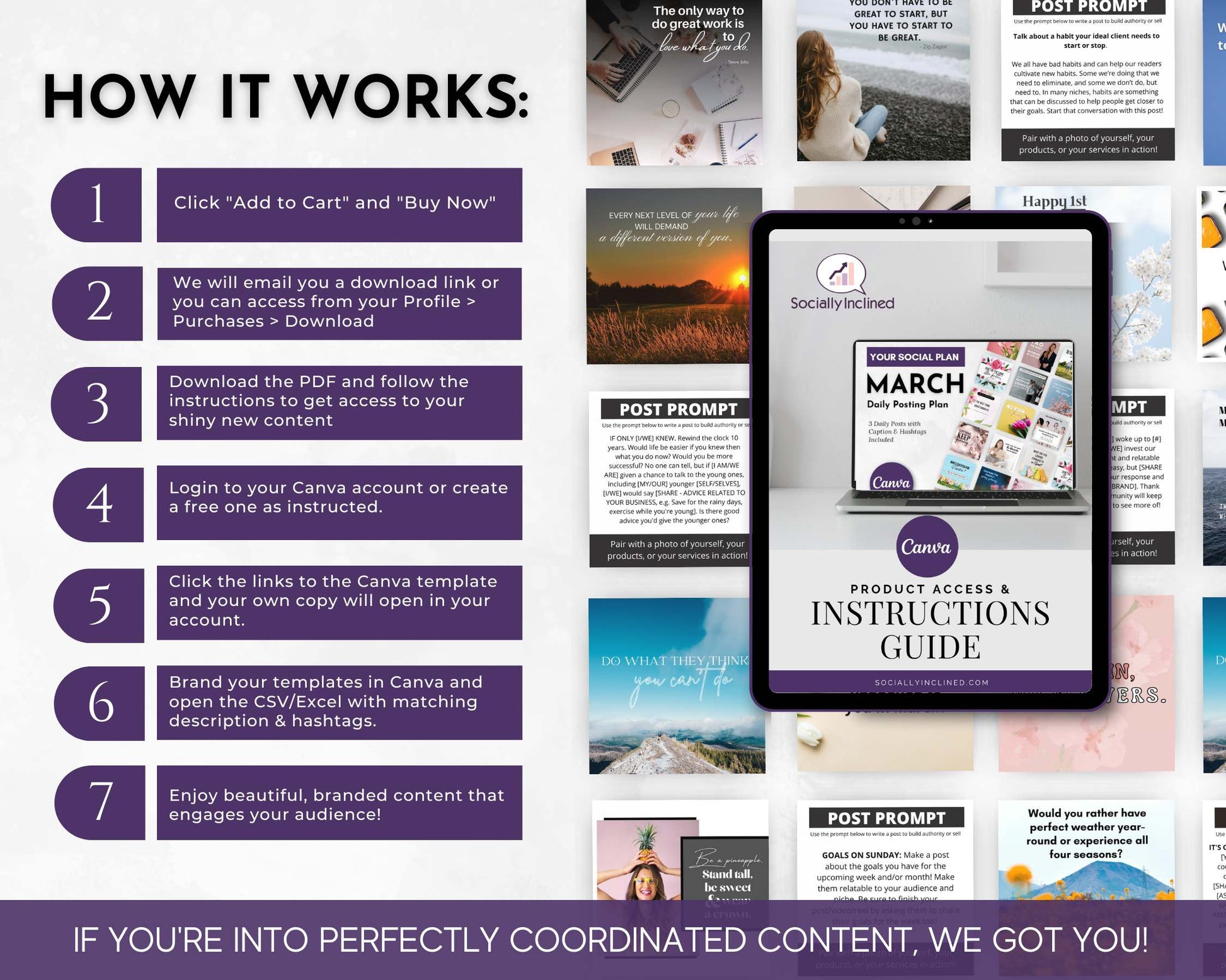 To use the March Daily Posting Plan by Get Socially Inclined: order the planner, download, access through Canva, customize your plan, and increase engagement. The image features instructions, guide cover, and content templates to elevate your March social media strategy.