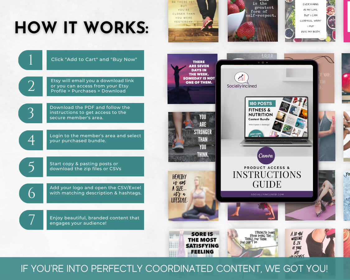 How it works instruction guide for Fitness & Wellness Influencers Social Media Post Bundle - NO Canva Templates by Socially Inclined.