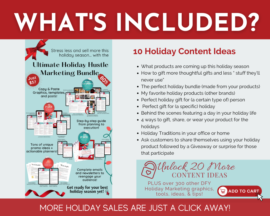 What's included in the HUGE Holiday Hustle Marketing Toolkit content bundle from Get Socially Inclined monthly newsletter?