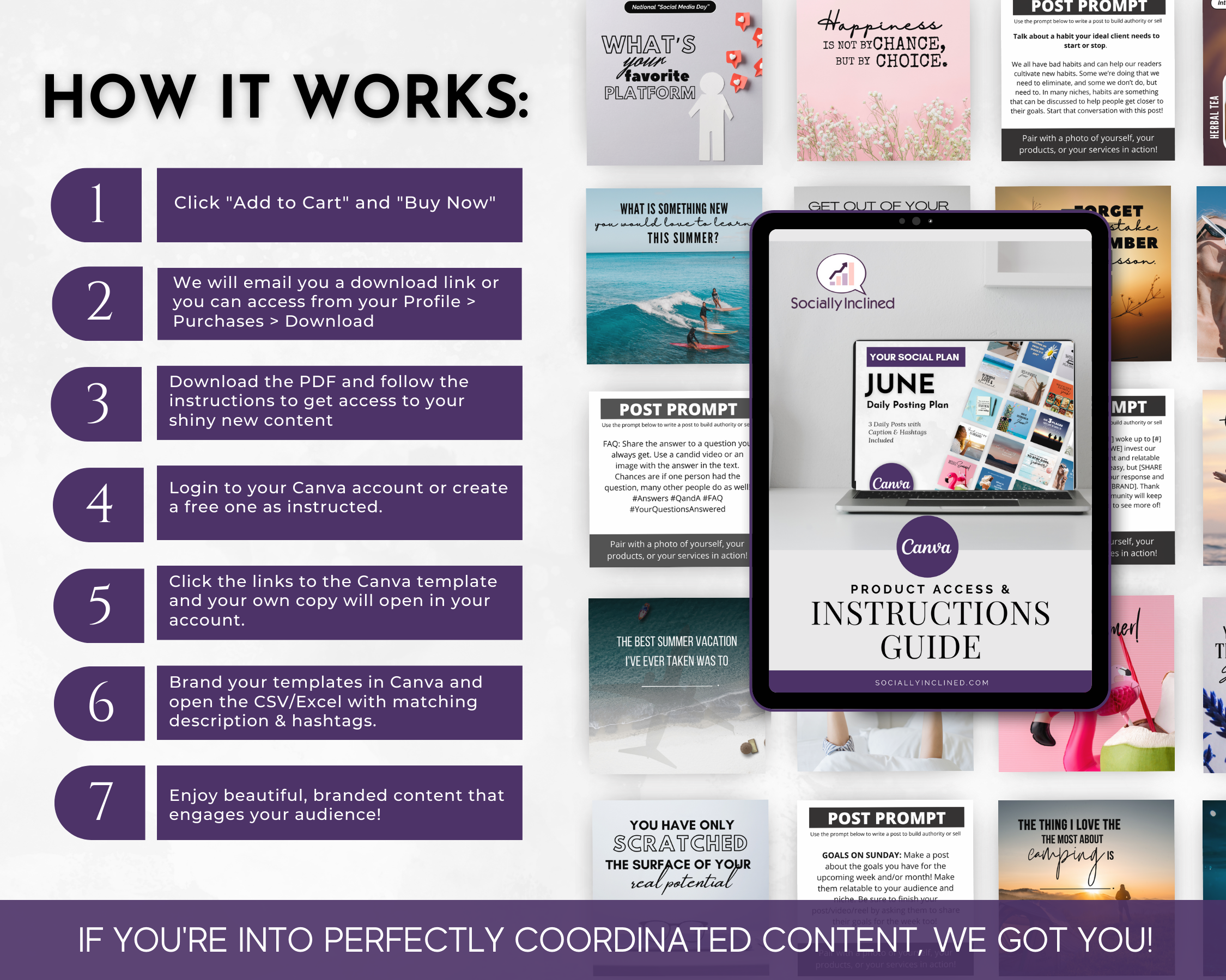 An infographic explaining how to use the June Daily Posting Plan - Your Social Plan from Get Socially Inclined, with various steps, icons, a tablet display, and text in a colorful layout to enhance audience engagement.