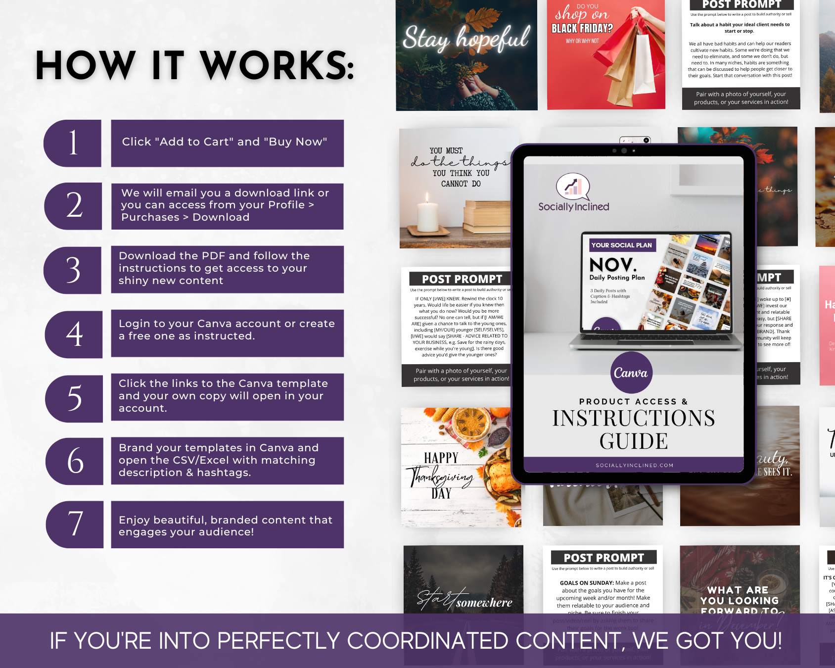 Instructional graphic showing how to access and use Canva templates from Get Socially Inclined’s November Daily Posting Plan – Your Social Plan, over a background of November social media posts and content creation ideas.