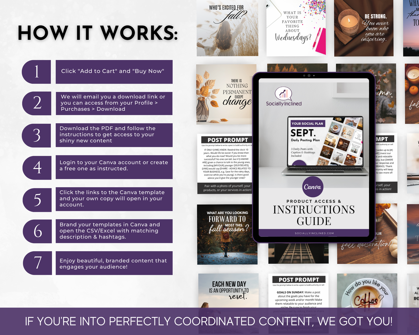 Step-by-step instructions for accessing and using Get Socially Inclined's Canva content templates, specifically tailored for effective social media content, are shown alongside a variety of sample images and quotes. Key steps include purchasing, downloading, and branding the templates to fit your September Daily Posting Plan - Your Social Plan with engaging daily posts.