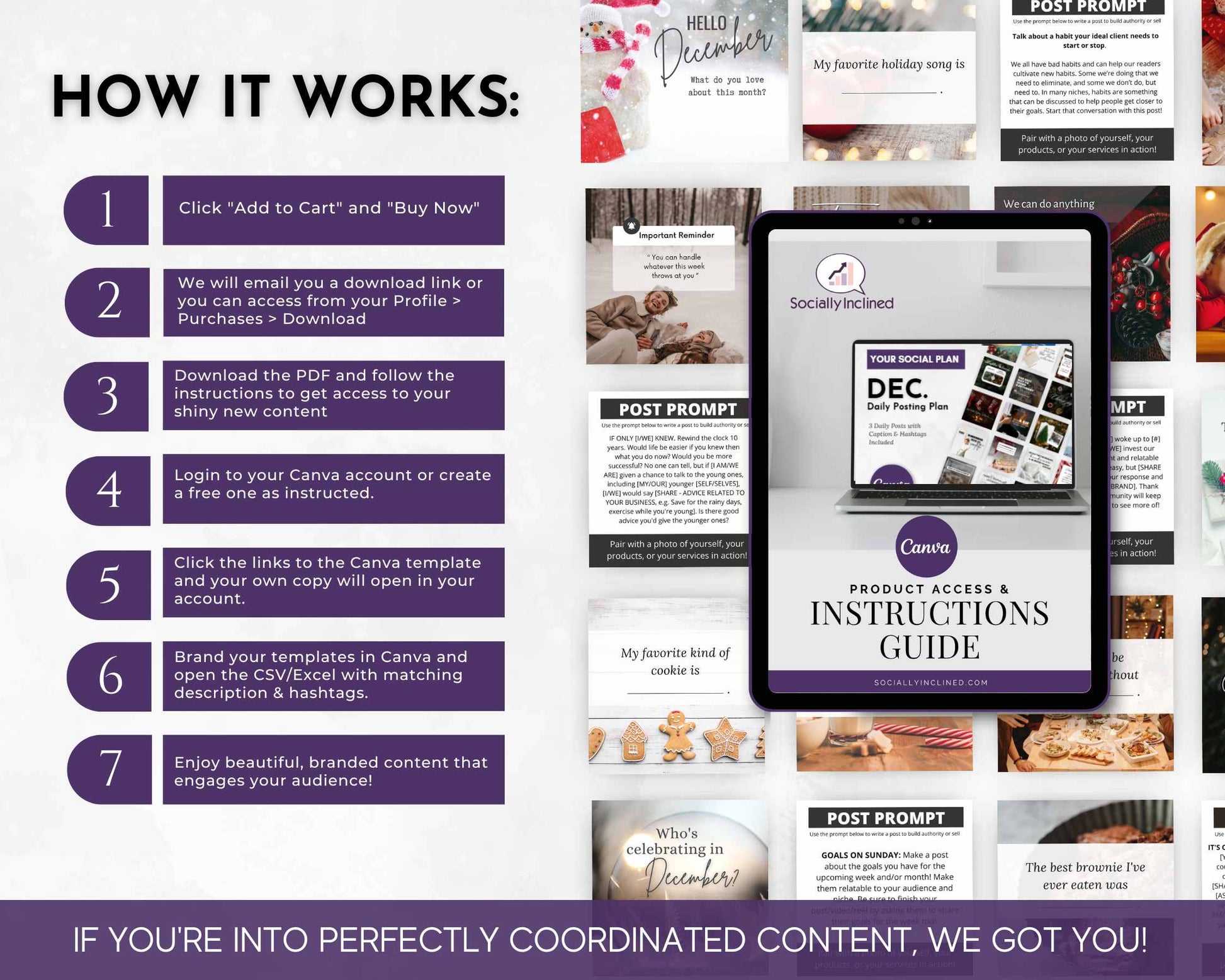 Explore our "December Daily Posting Plan - Your Social Plan" by Get Socially Inclined, featuring a comprehensive instruction guide. Follow the simple steps to add the plan to your cart, download it, create an account, and seamlessly use templates for branding and achieving effortless growth. This guide includes sample designs, promotional materials, and a December scheduling strategy to enhance your social media posts.