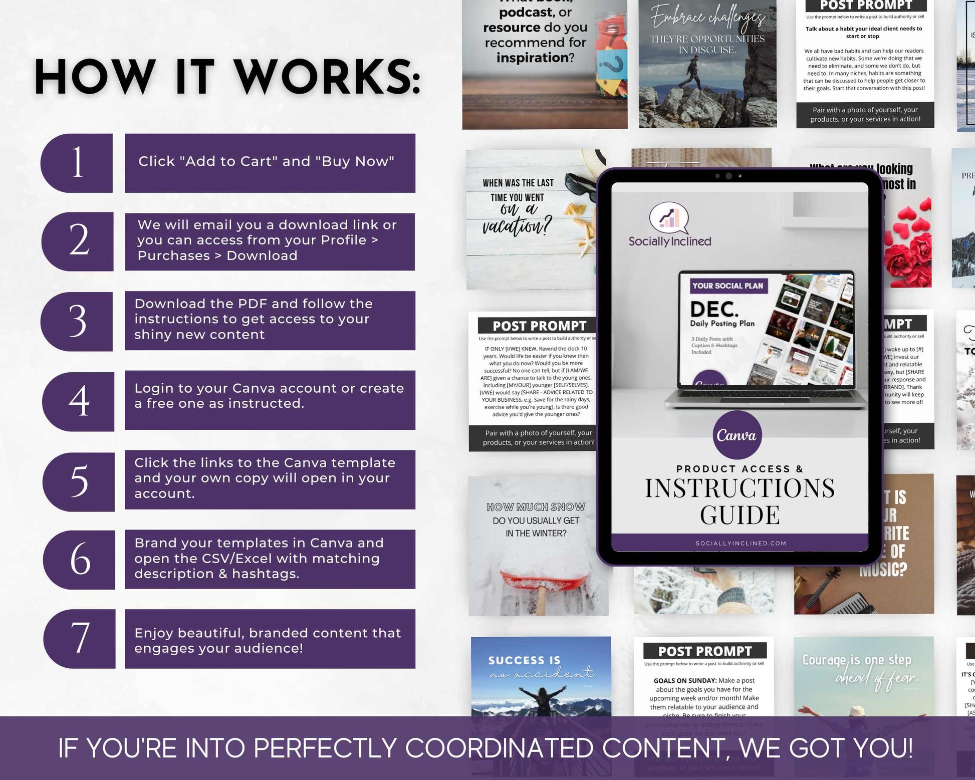 Instruction guide for accessing prompts in the January Daily Posting Plan - Your Social Plan. Steps include purchase, download, login to Canva, and access templates. Brand with Get Socially Inclined's CSV and create detailed content designed to boost engagement. Perfect for crafting engaging social media posts through streamlined content creation.