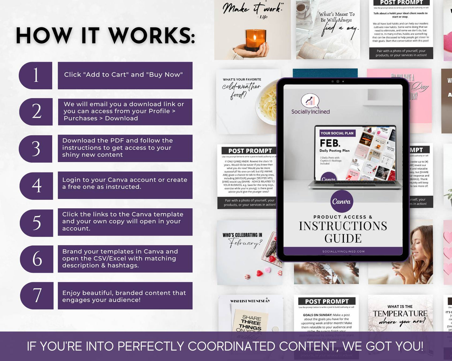 Instructional graphic shows how to access and customize templates from the "February Daily Posting Plan - Your Social Plan" by Get Socially Inclined, with screenshots and a tablet guide—ideal for organizing your February social media posts.
