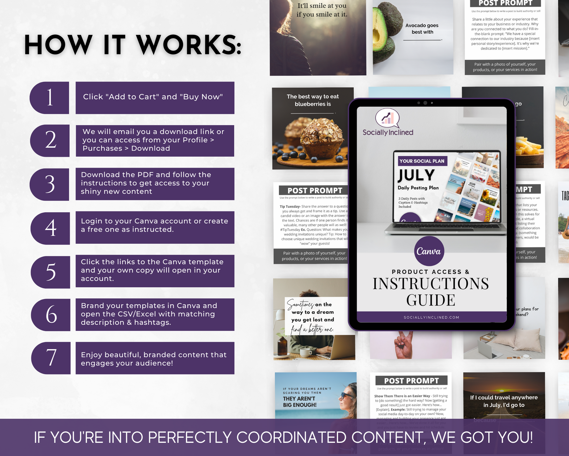 Instructional graphic displays the 7-step process to access and customize July Daily Posting Plan - Your Social Plan by Get Socially Inclined, featuring a sample guide and content examples to boost engagement in the background.