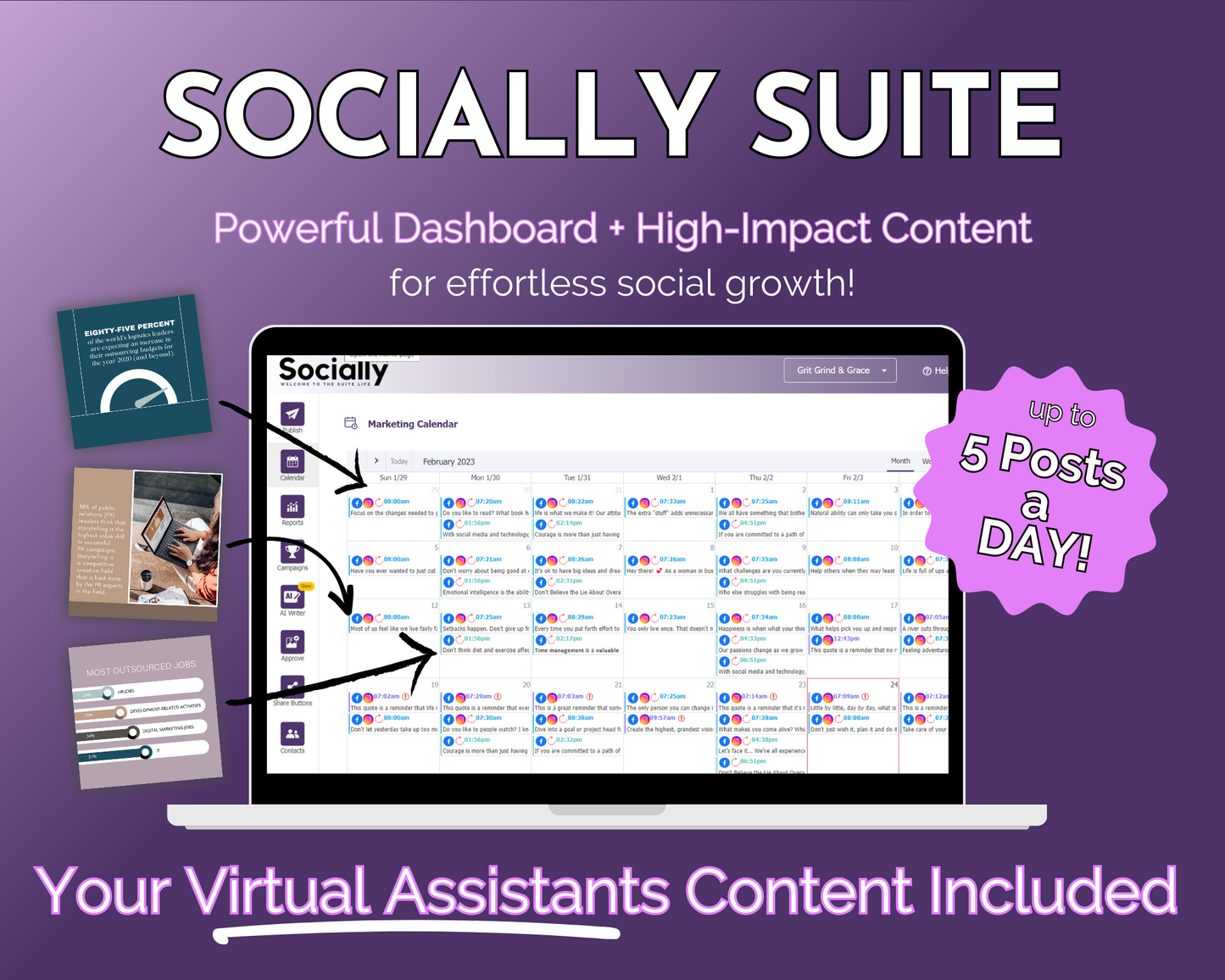 An advertisement for the Socially Suite Membership Annual by Get Socially Inclined, a digital service offering a powerful content dashboard and content solutions for social media marketing growth, claiming to support up to 5 posts per day to enhance your online presence.