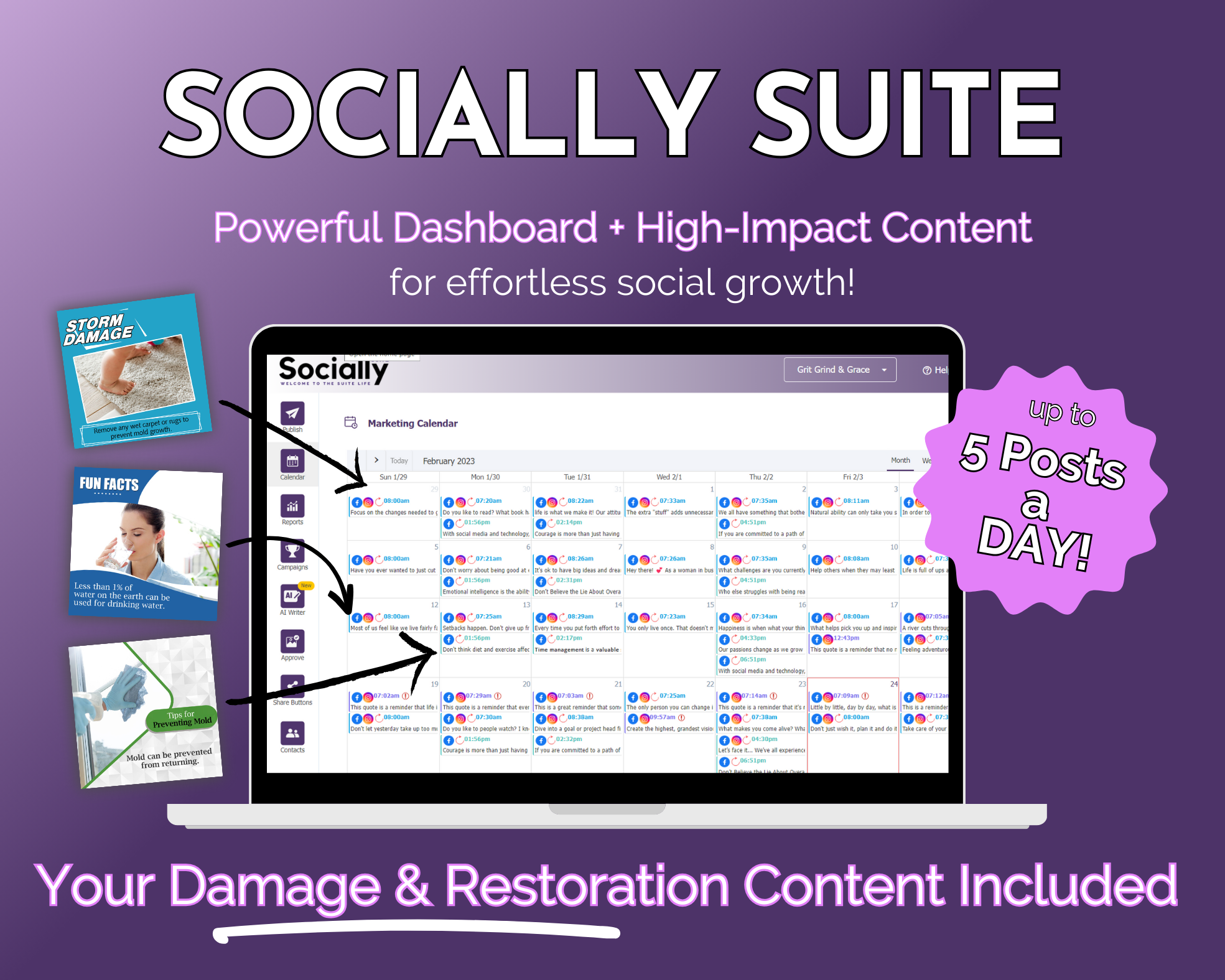 Get Socially Inclined's Socially Suite Membership advertisement showcasing a content dashboard and a promise of including specific content for damage and restoration, with a capability of up to 5 posts per day, enhancing your online presence.