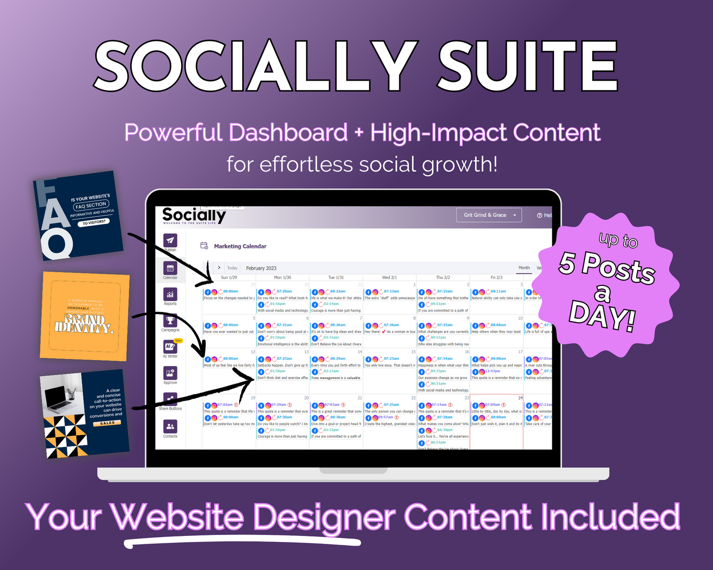 A promotional graphic for "Socially Suite Membership Annual," a social media marketing tool by Get Socially Inclined that offers a powerful content dashboard and high-impact content for effortless social growth, capable of handling up to 5 posts a day.