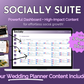 A promotional graphic showcasing the "Get Socially Inclined Socially Suite Membership Annual platform, highlighting features such as a content dashboard, high-impact content, and the inclusion of wedding planner content, with a capability of up to.