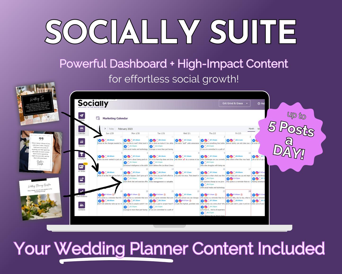 A promotional graphic showcasing the "Get Socially Inclined Socially Suite Membership Annual platform, highlighting features such as a content dashboard, high-impact content, and the inclusion of wedding planner content, with a capability of up to.