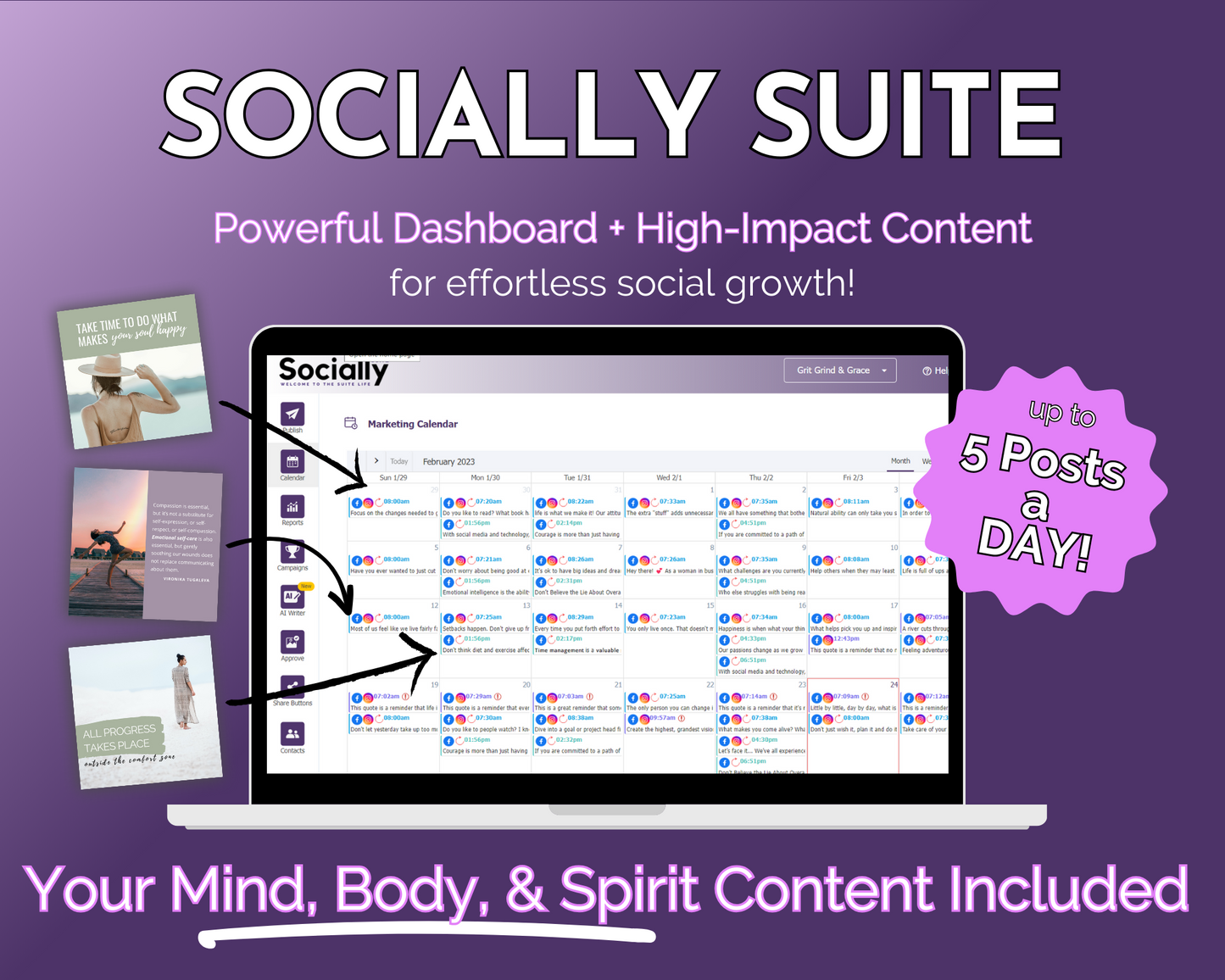 A promotional graphic for the "Socially Suite Membership Annual" by Get Socially Inclined, featuring a content planning and posting tool with a capacity for up to 5 posts a day, including a display of the content dashboard and examples of social media.