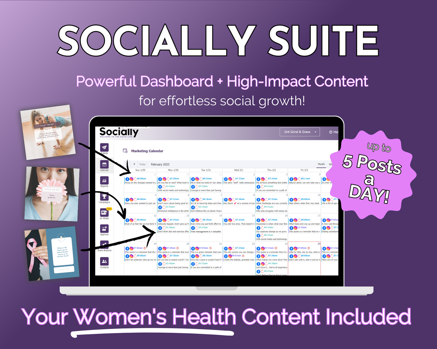 A promotional graphic for "Get Socially Inclined's Socially Suite Membership Annual," highlighting a powerful content dashboard and high-impact content for social media growth, featuring a content scheduling interface and examples of posts, with a claim of supporting up.