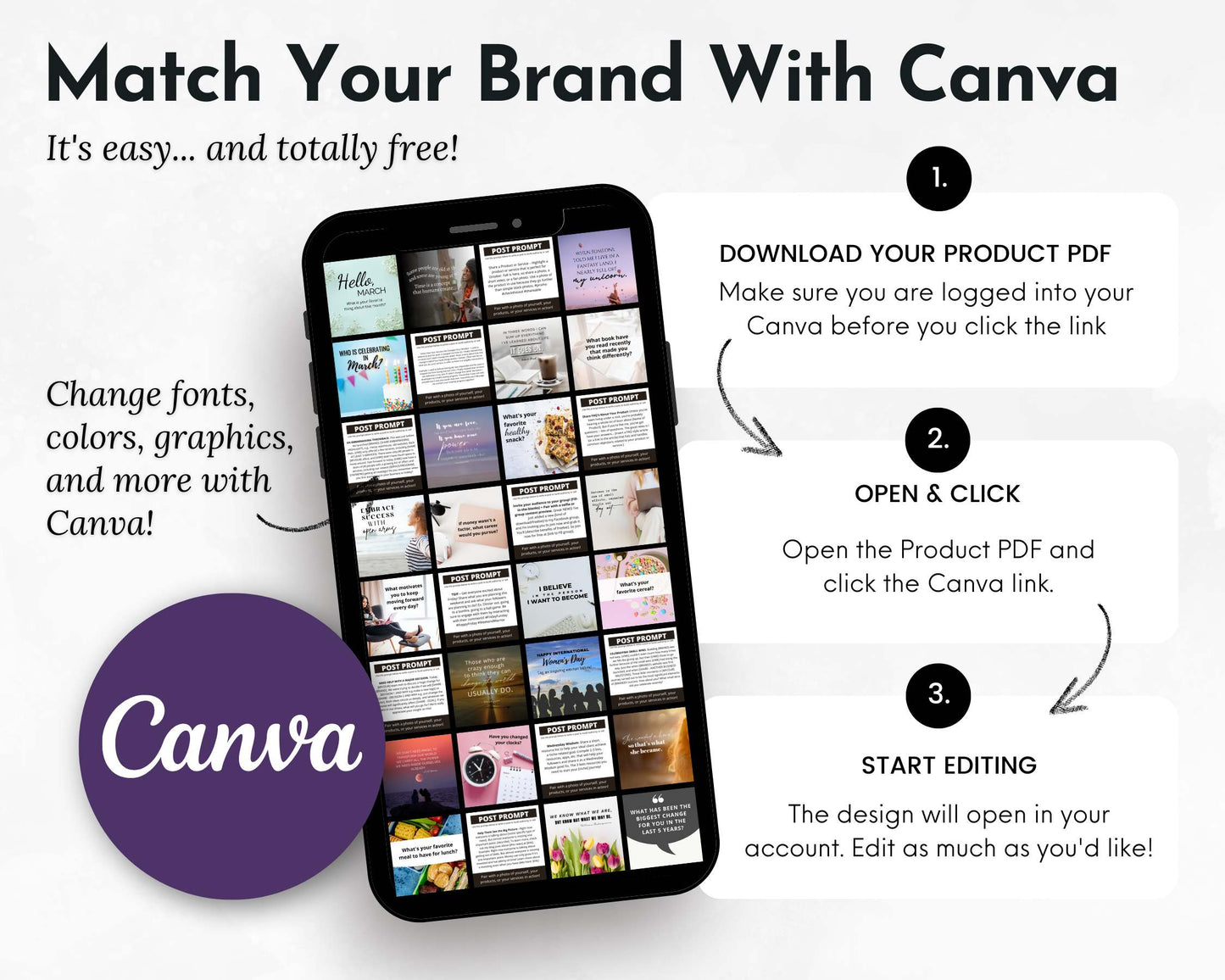 Promote your March Daily Posting Plan - Your Social Plan with a smartphone displaying Canva templates. Steps: 1) Download the product PDF, 2) Open and click the Canva link, 3) Begin editing. Includes "Boost Engagement and Match Your Brand With Canva" text from Get Socially Inclined.