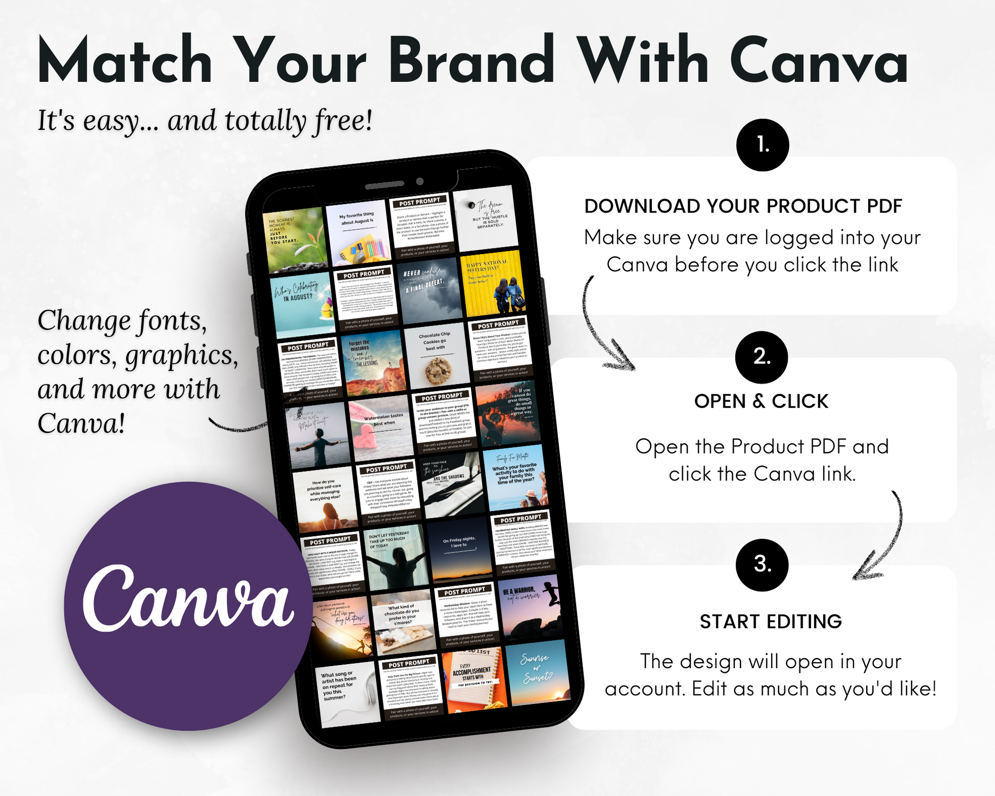 A smartphone shows Get Socially Inclined's AUGUST Daily Posting Plan with the Canva logo, plus easy instructions to download, open, and edit the product PDF in Canva—ideal for boosting your social media presence.
