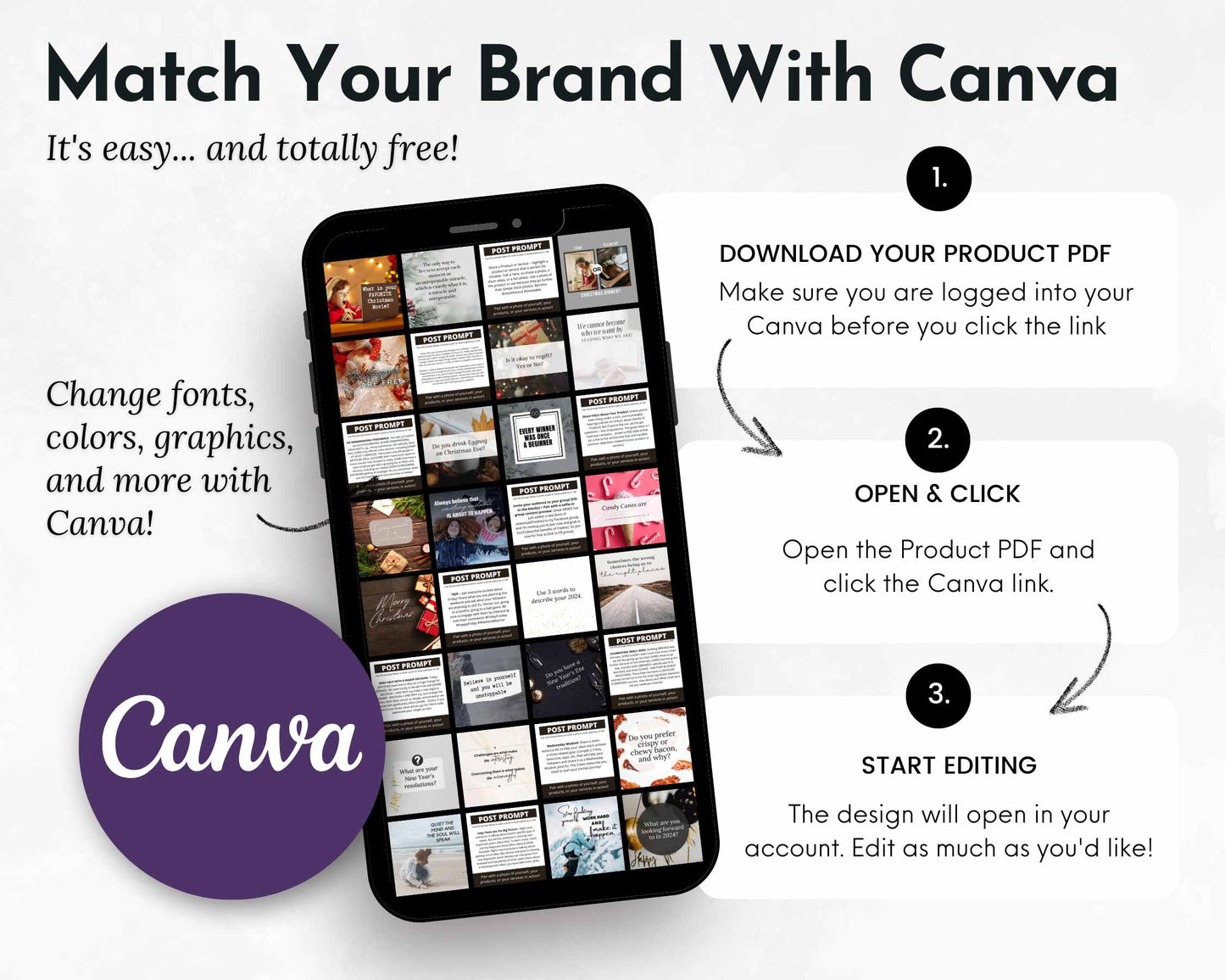 A phone showcases the December Daily Posting Plan - Your Social Plan template grid for effortless growth. Text steps: download product PDF, open and click, start editing. Get Socially Inclined logo on the left. Caption: Match Your Brand with Get Socially Inclined for seamless social media posts.