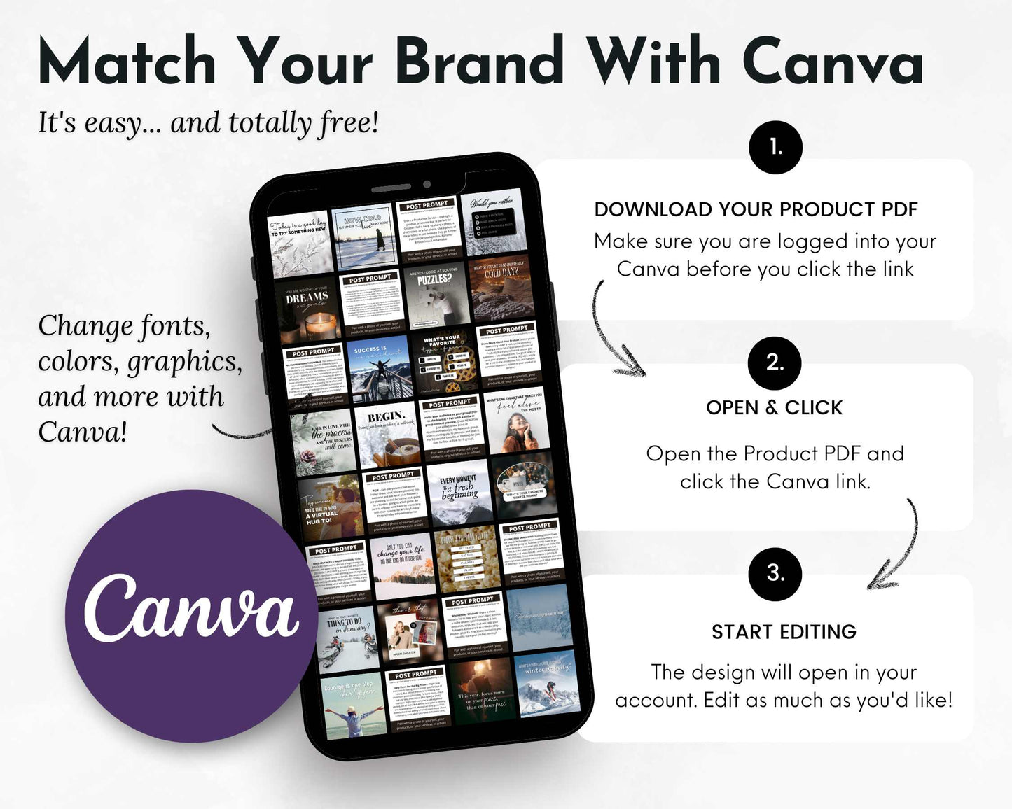 A smartphone showcases the January Daily Posting Plan - Your Social Plan from Get Socially Inclined, featuring a design template grid ideal for content creation. To customize, download the PDF, open the link in Canva, and edit the design. Perfect for crafting captivating social media posts. The Canva logo is visible on the bottom left corner.