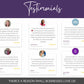 Graphic highlighting customer testimonials with enthusiastic feedback about the 2025 Social Media Calendar with Content from Socially Inclined. It includes names, star ratings, and diverse text opinions, all creatively designed using Canva templates to captivate and engage your audience on social media platforms.