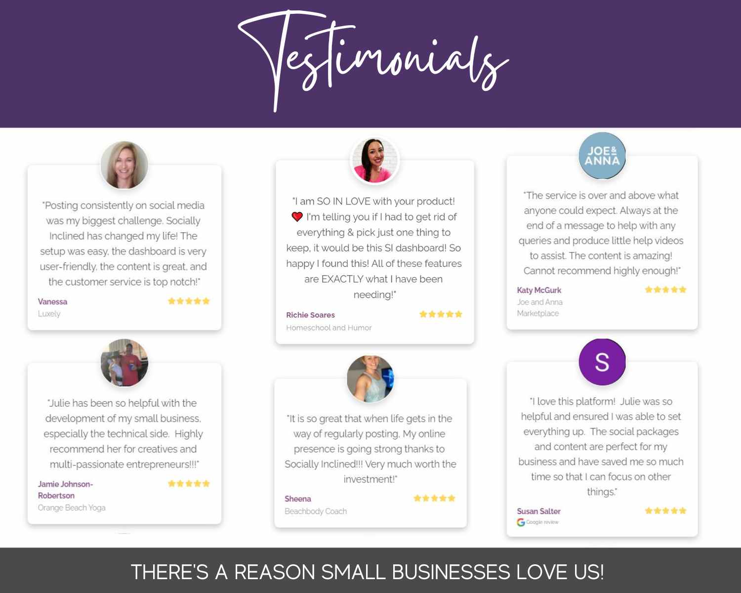 Graphic highlighting customer testimonials with enthusiastic feedback about the 2025 Social Media Calendar with Content from Socially Inclined. It includes names, star ratings, and diverse text opinions, all creatively designed using Canva templates to captivate and engage your audience on social media platforms.