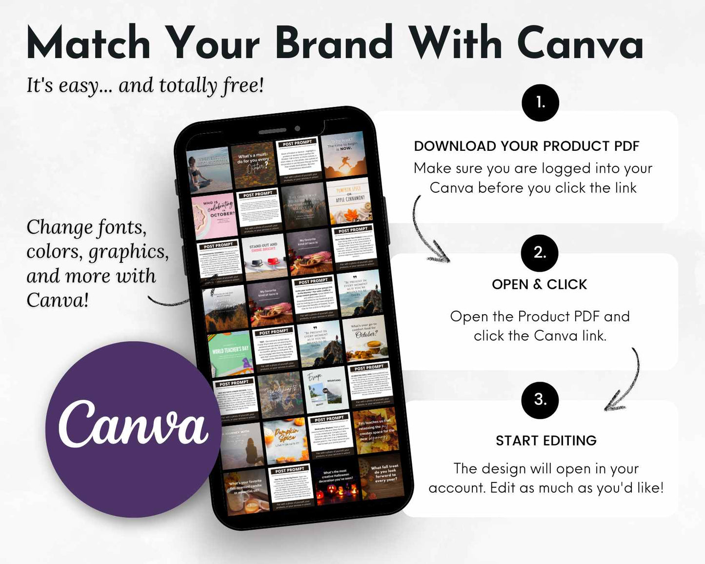 A smartphone screen displays various design templates in the Canva app. Text instructions beside the phone read: 1. Download your October Daily Posting Plan - Your Social Plan PDF, 2. Open & click the link, 3. Start editing your Social Media Strategy. Canva logo shown with a hint of Get Socially Inclined marketing flair.