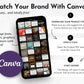 A phone displays a grid of "November Daily Posting Plan - Your Social Plan" PDF templates by Get Socially Inclined. Text shows how to use Canva to edit posts: download, open & click, then start editing. Canva logo included.