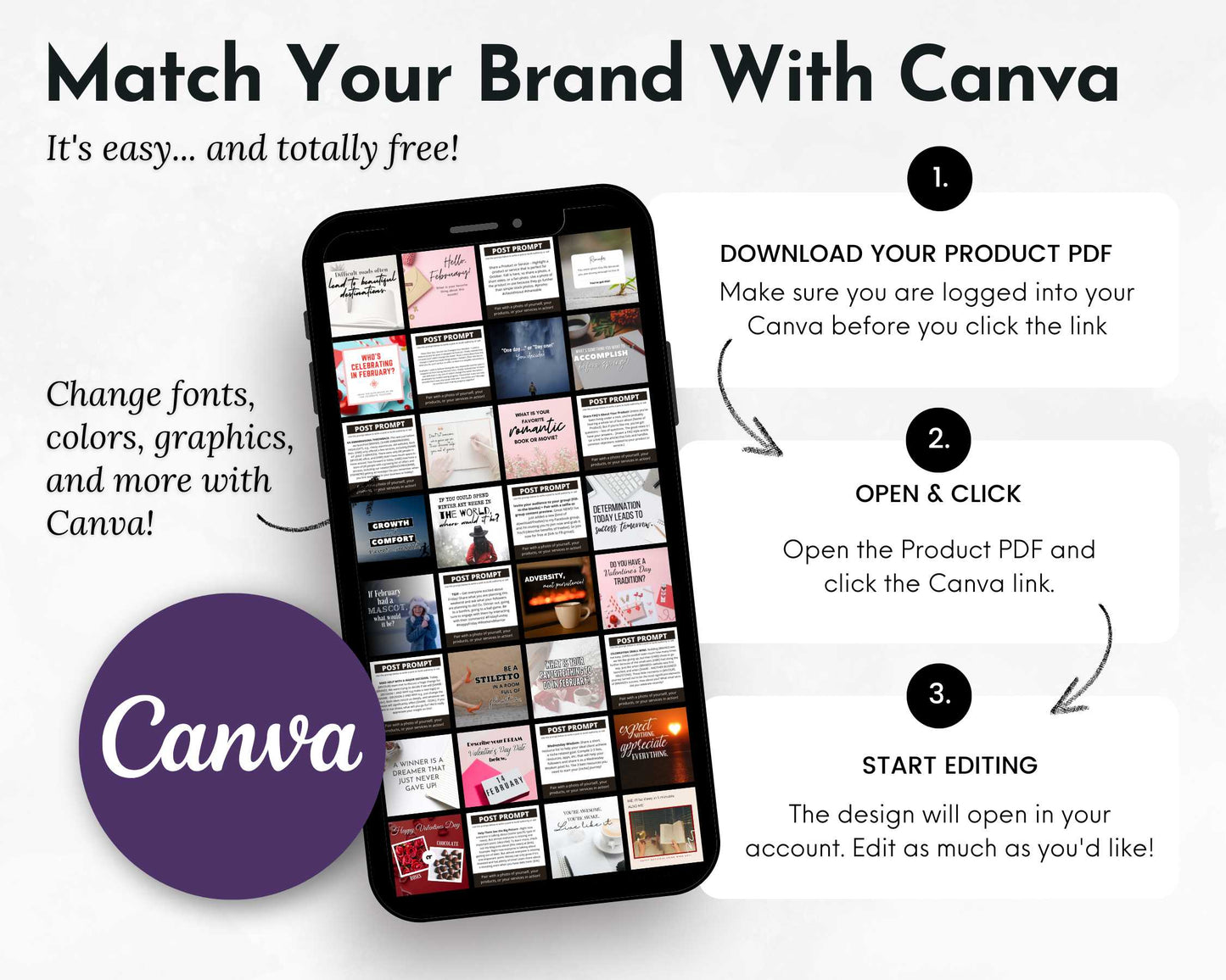 On your smartphone, the February Daily Posting Plan from Get Socially Inclined shows a grid of social media templates on Canva. Download and open the product PDF to easily customize designs and enhance engagement growth with step-by-step instructions beside the Canva logo.