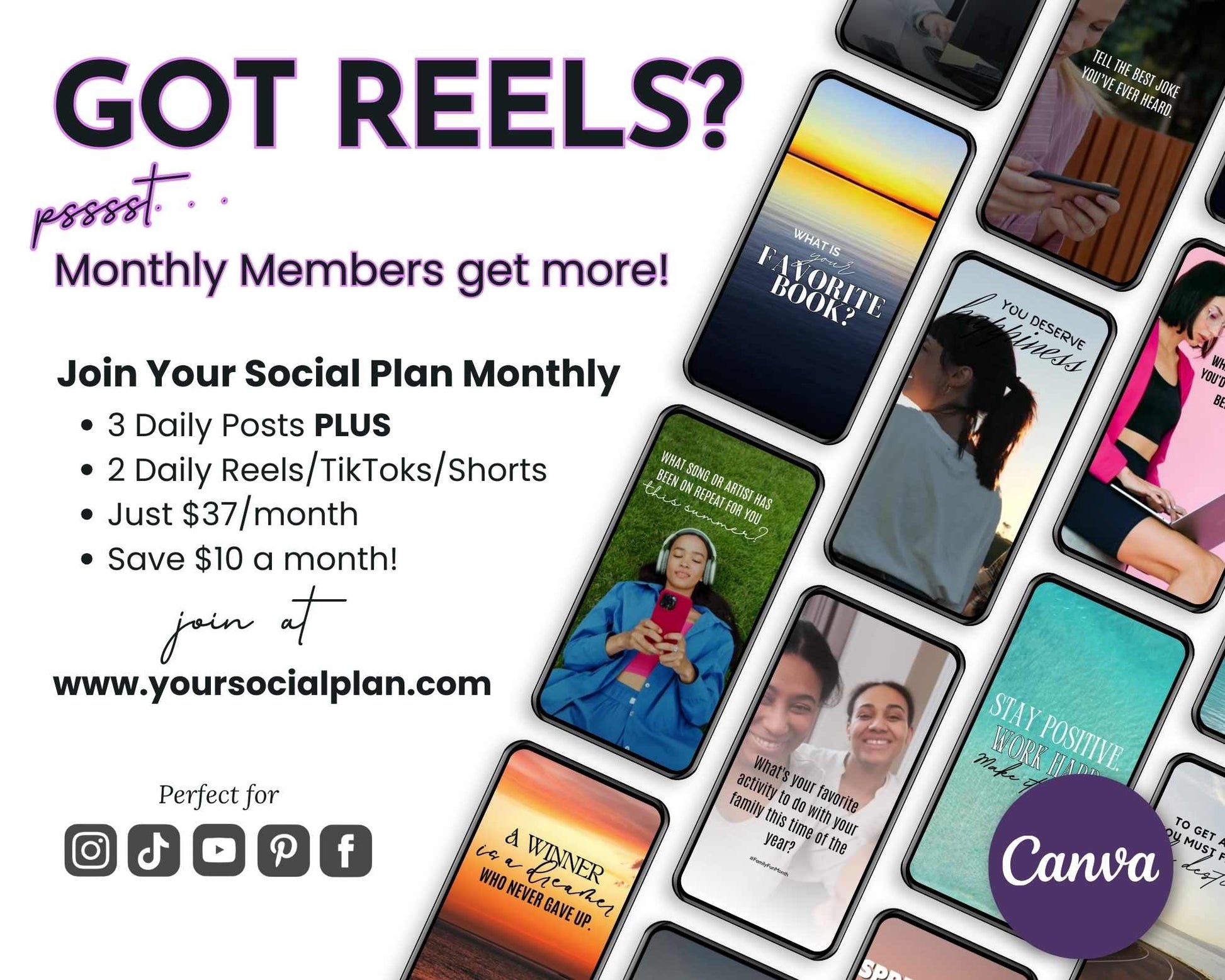 A promotional graphic for Get Socially Inclined's AUGUST Daily Posting Plan - Your Social Plan featuring multiple phone screens with sample reels and a list of benefits, including daily posts, reels, and a $10 monthly savings. Enhance your social media presence effortlessly!