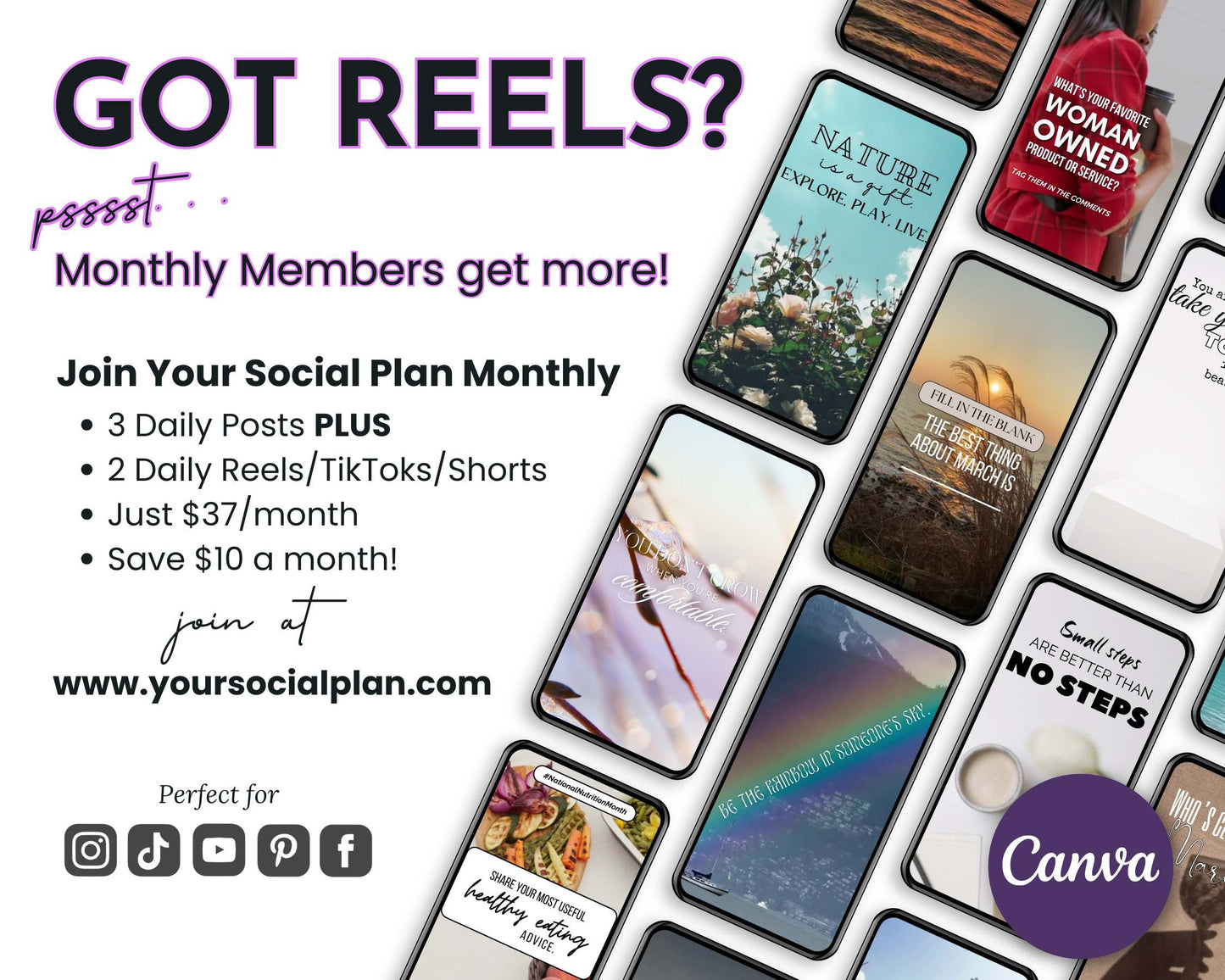 A collage of smartphone displays shows social media posts, highlighting Get Socially Inclined's March Daily Posting Plan. Enjoy 3 daily posts and 2 reels/shorts for $37/month, saving $10. Perfect for boosting engagement. Includes Canva logo.