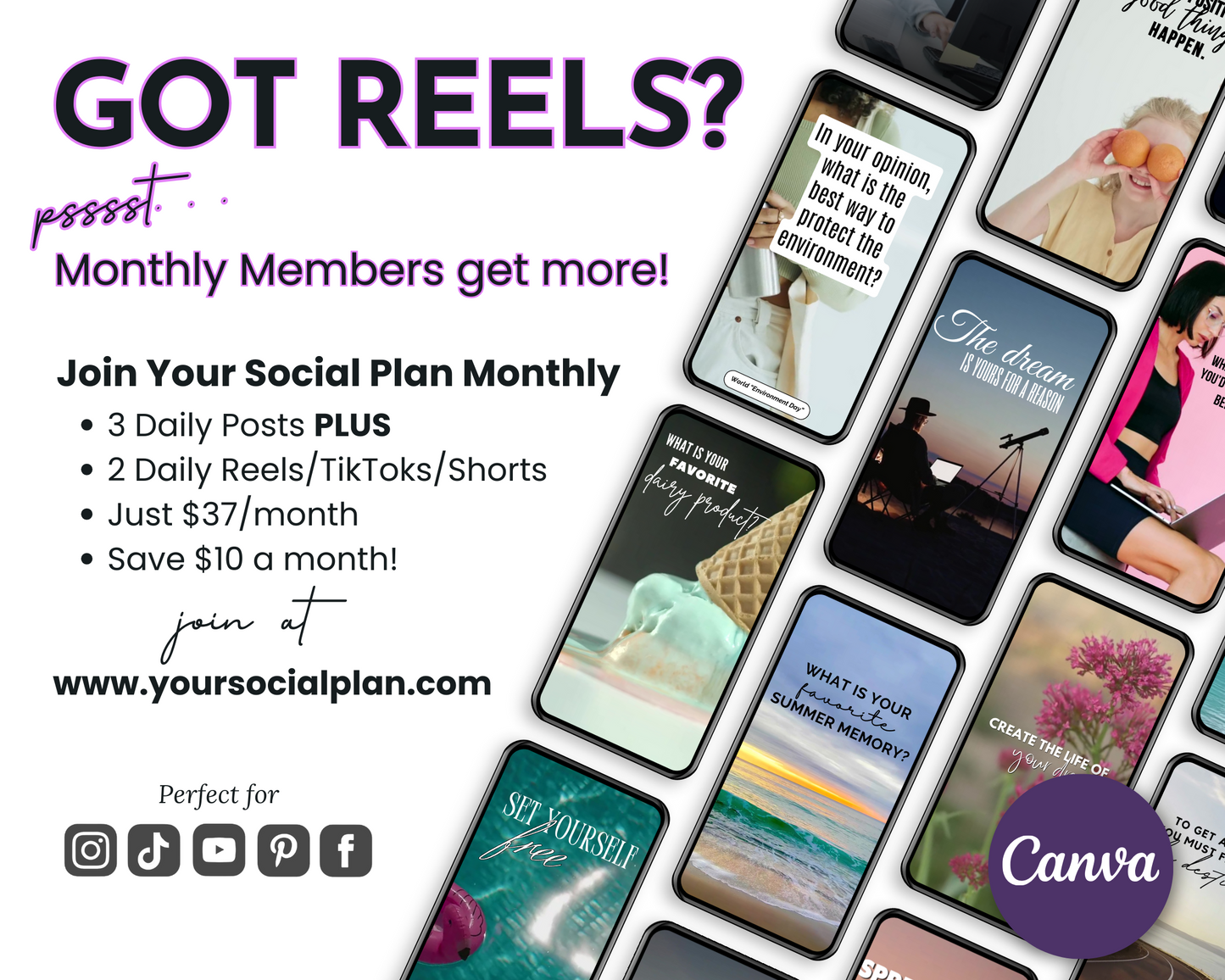 Promotional graphic offering a July Daily Posting Plan - Your Social Plan with daily posts, reels, and savings, featuring various examples of social media content on phone screens to boost audience engagement by Get Socially Inclined.