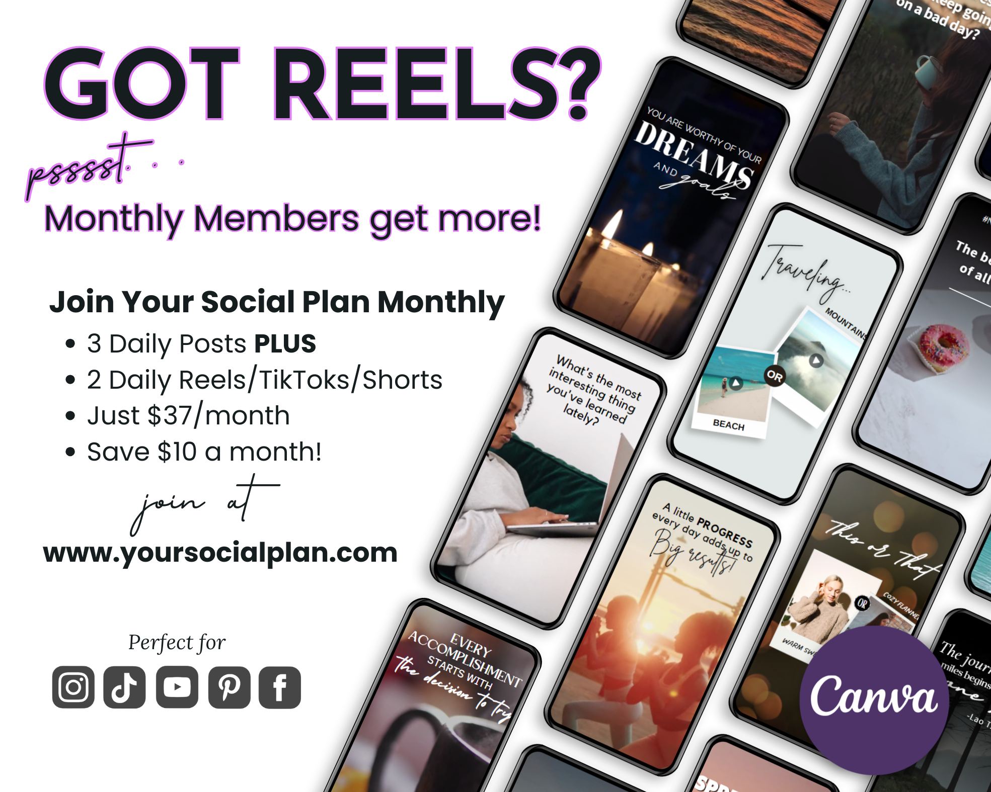 Promotional graphic for the April Daily Posting Plan by Get Socially Inclined, highlighting benefits for monthly members with a focus on reels and TikToks. Enhance your social media presence with our daily posting plan, tailored to boost