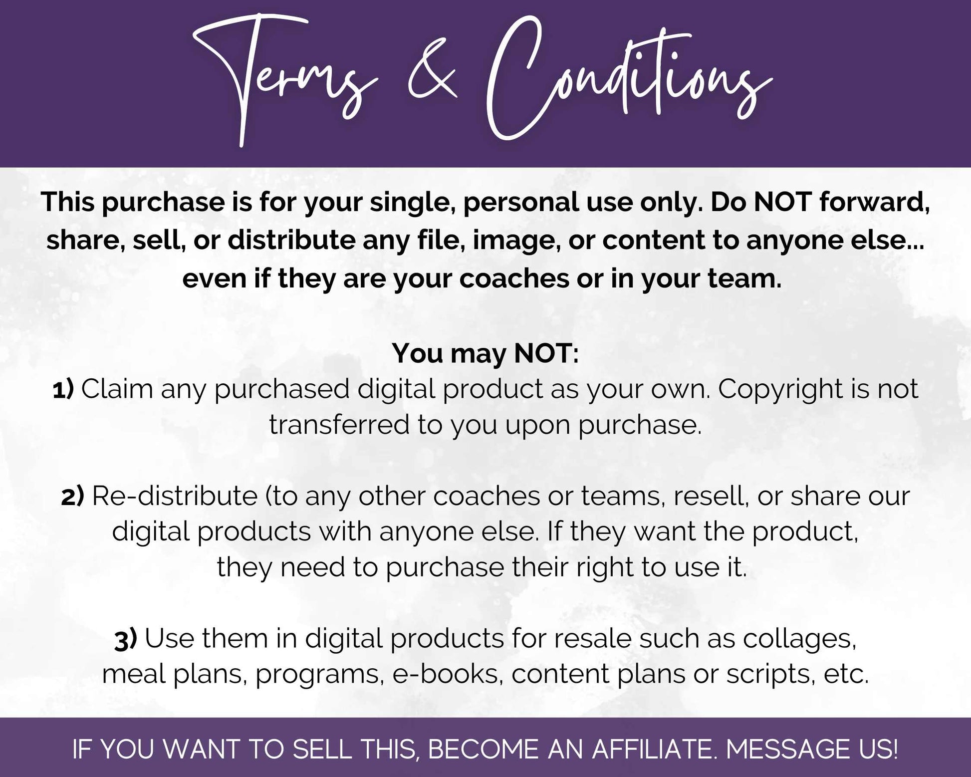 Terms & Conditions notice outlining restrictions on the use of a purchased digital product from Get Socially Inclined's November Daily Posting Plan - Your Social Plan. Sharing, redistributing, or commercial use, even within a team, is prohibited. Engage with affiliate information provided to enhance your November social media posts and drive growth.