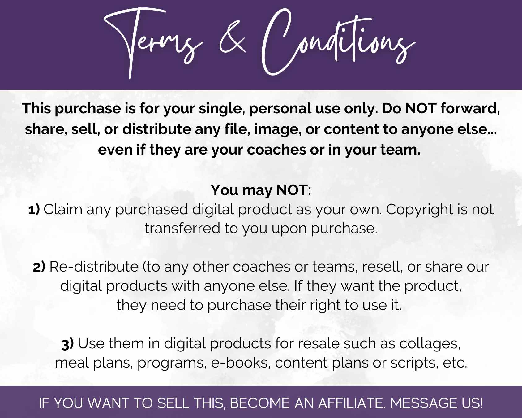 This image details the terms and conditions of a purchase, emphasizing that it is for personal use only while highlighting restrictions on sharing, redistribution, and resale of the digital content. It is perfect for incorporating into your October Daily Posting Plan - Your Social Plan or enhancing your Social Media Strategy with insights from Get Socially Inclined.