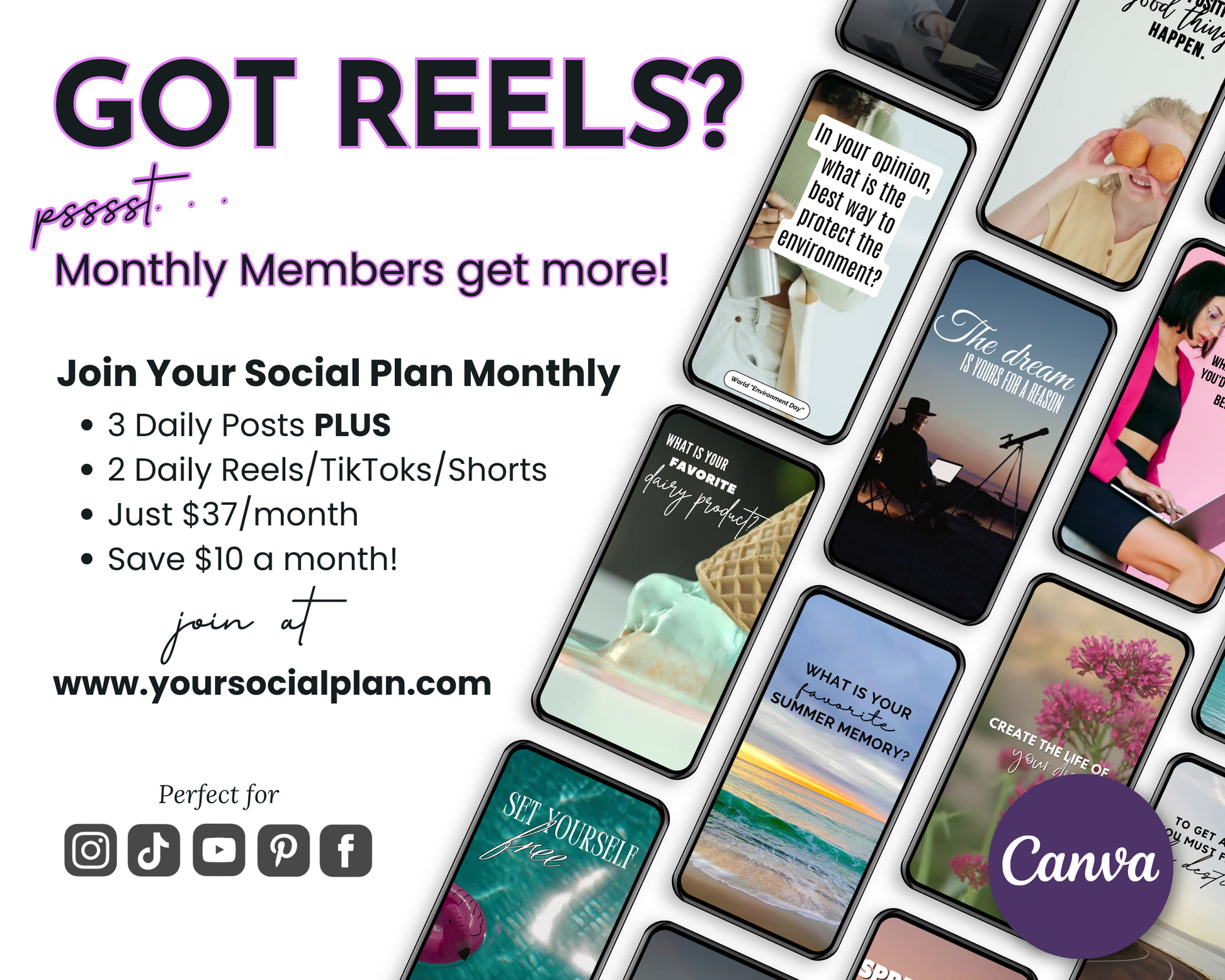 Promotional graphic for "July Daily Posting Plan – Your Social Plan" by Get Socially Inclined, featuring phones with inspirational posts, engagement tips, pricing info, Canva branding, plus social icons and the website link at the bottom.