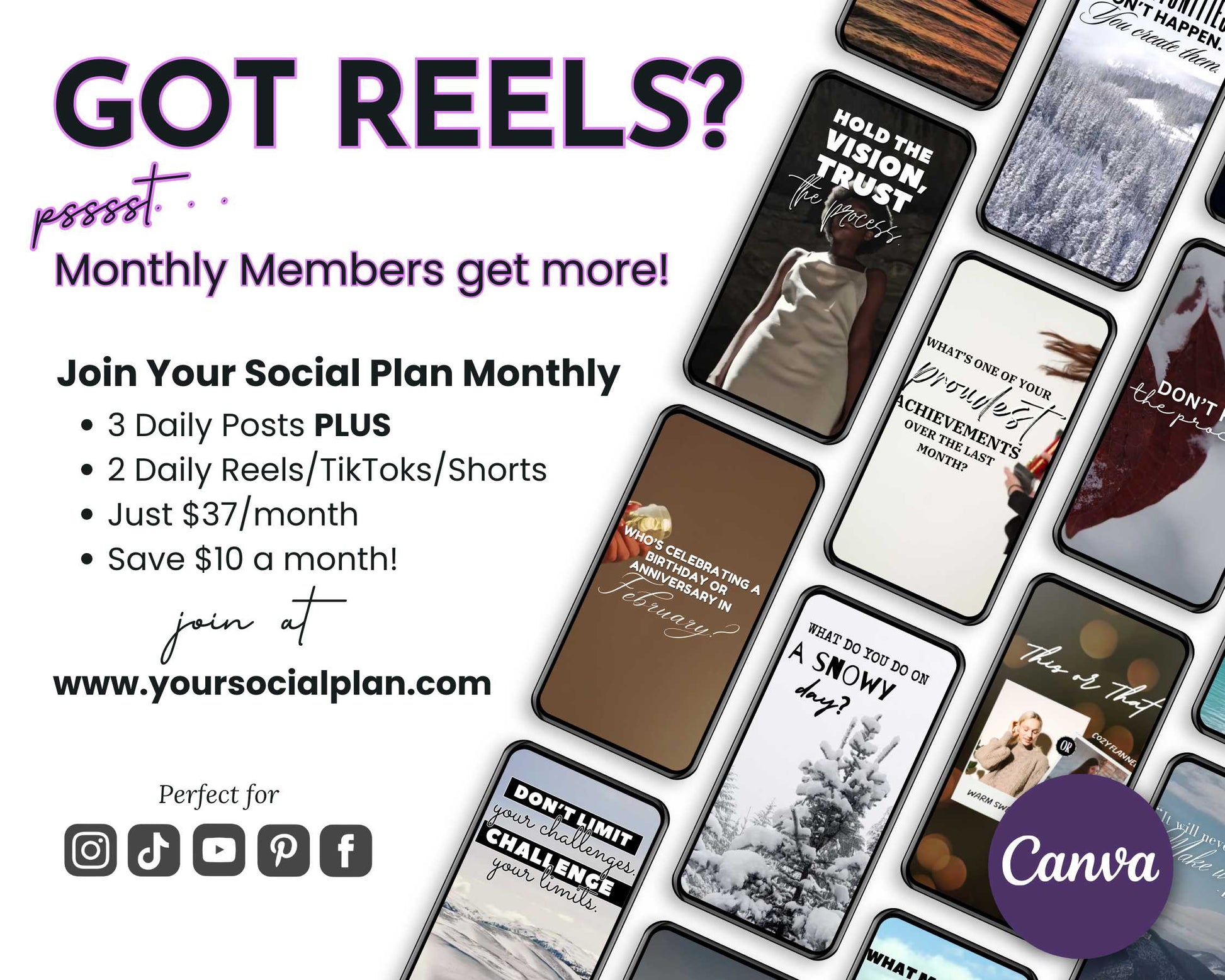 Smartphone screens show motivational quotes, showcasing Get Socially Inclined's February Daily Posting Plan for $37/month with $10 savings. It's ideal for February content and boosting engagement. Canva logo included.