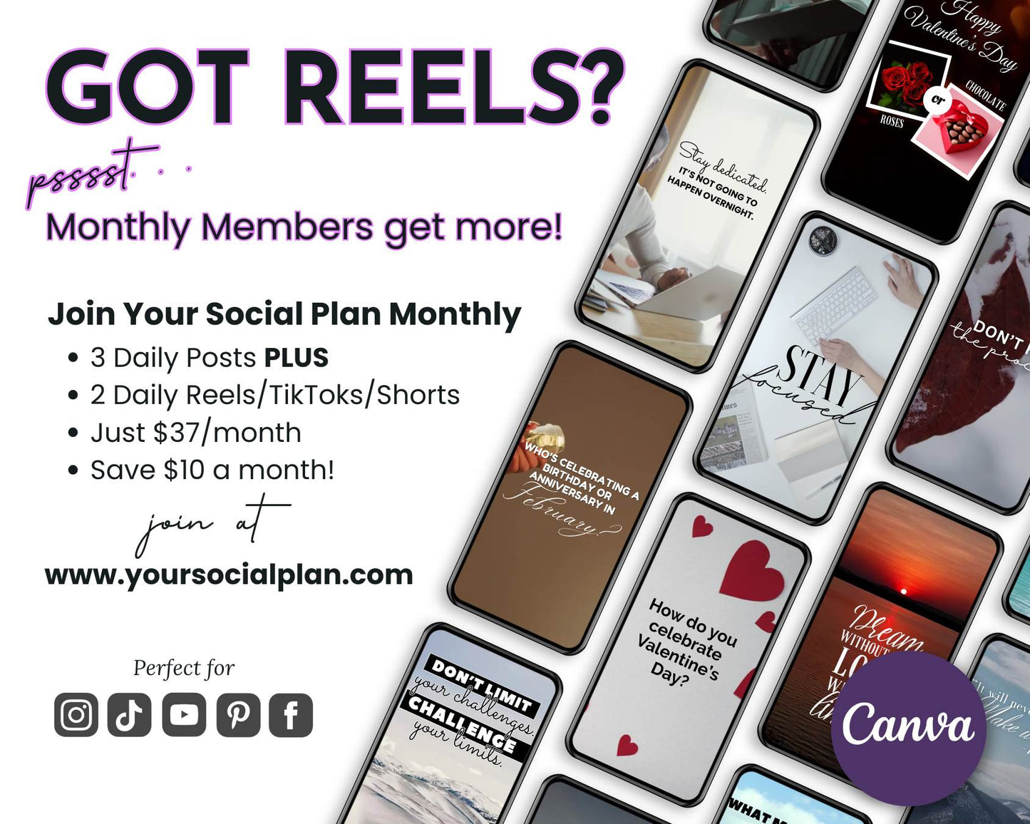 A promotional graphic for "February Daily Posting Plan - Your Social Plan" by Get Socially Inclined shows phones with ready-made social posts, pricing info, and Canva branding.