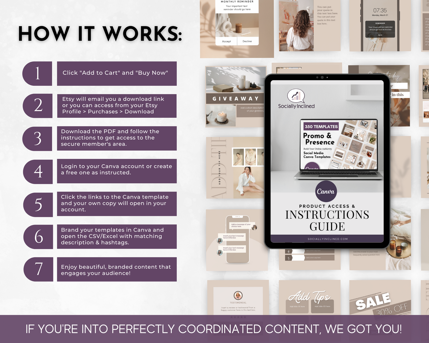 Instruction guide for optimizing content and enhancing social media presence using the Promo & Presence Social Media Post Bundle with Canva Templates by Socially Inclined.
