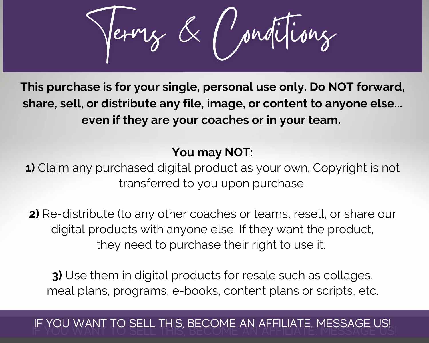 This terms and conditions document outlines restrictions on file sharing and distribution for personal use only, even when using tools like the Socially Inclined 2025 Social Media Calendar with Content or Canva templates.