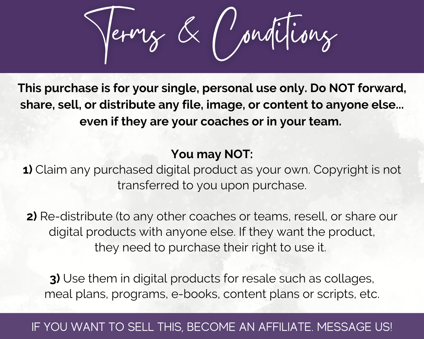 Terms & Conditions text outlining restrictions on sharing, reselling, or distributing purchased digital products like the September Daily Posting Plan - Your Social Plan from Get Socially Inclined. Message them for affiliate sales inquiries or to discover growth-focused hashtags for your social media posting plan.