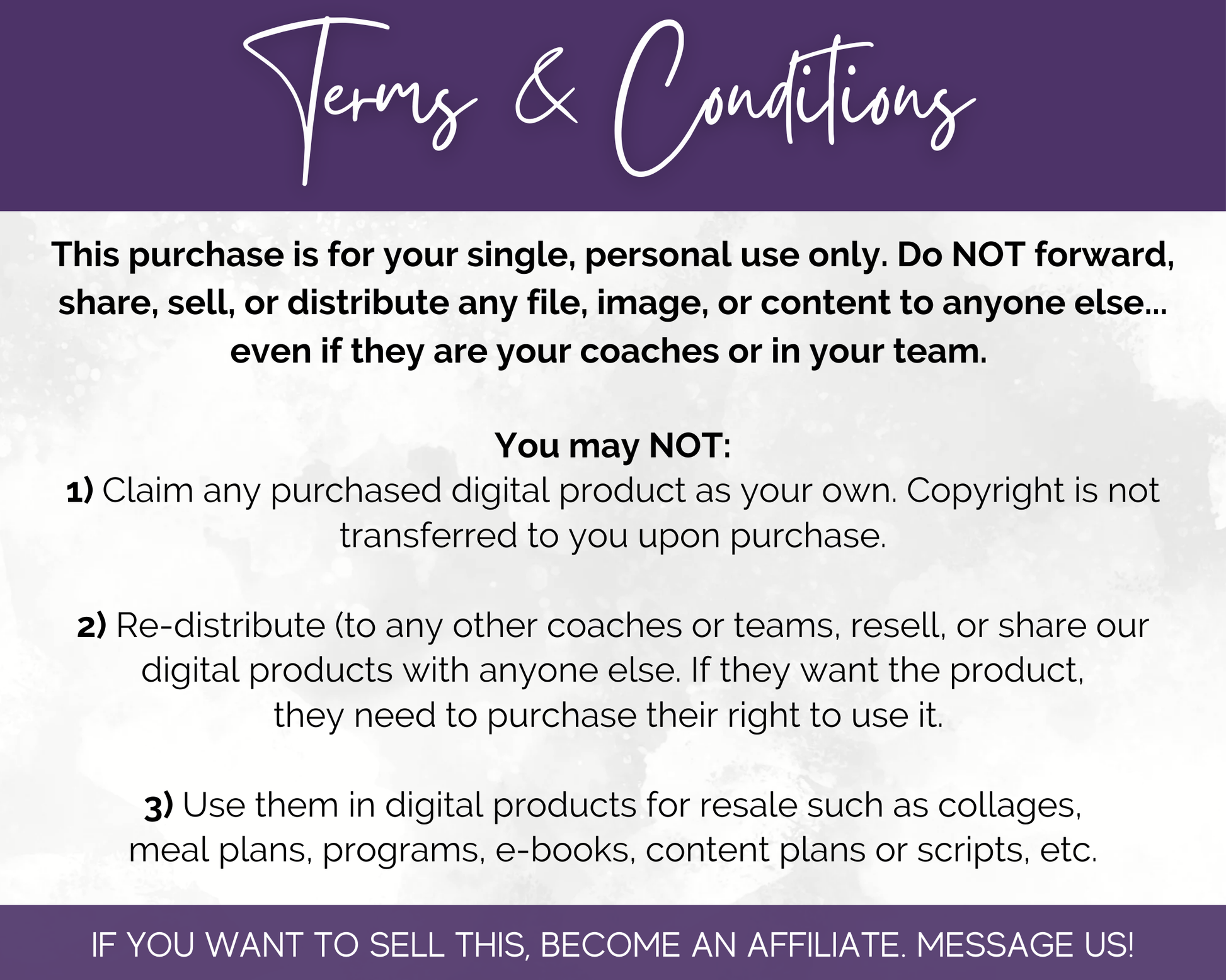 Terms & Conditions text outlining restrictions on sharing, reselling, or distributing purchased digital products like the September Daily Posting Plan - Your Social Plan from Get Socially Inclined. Message them for affiliate sales inquiries or to discover growth-focused hashtags for your social media posting plan.