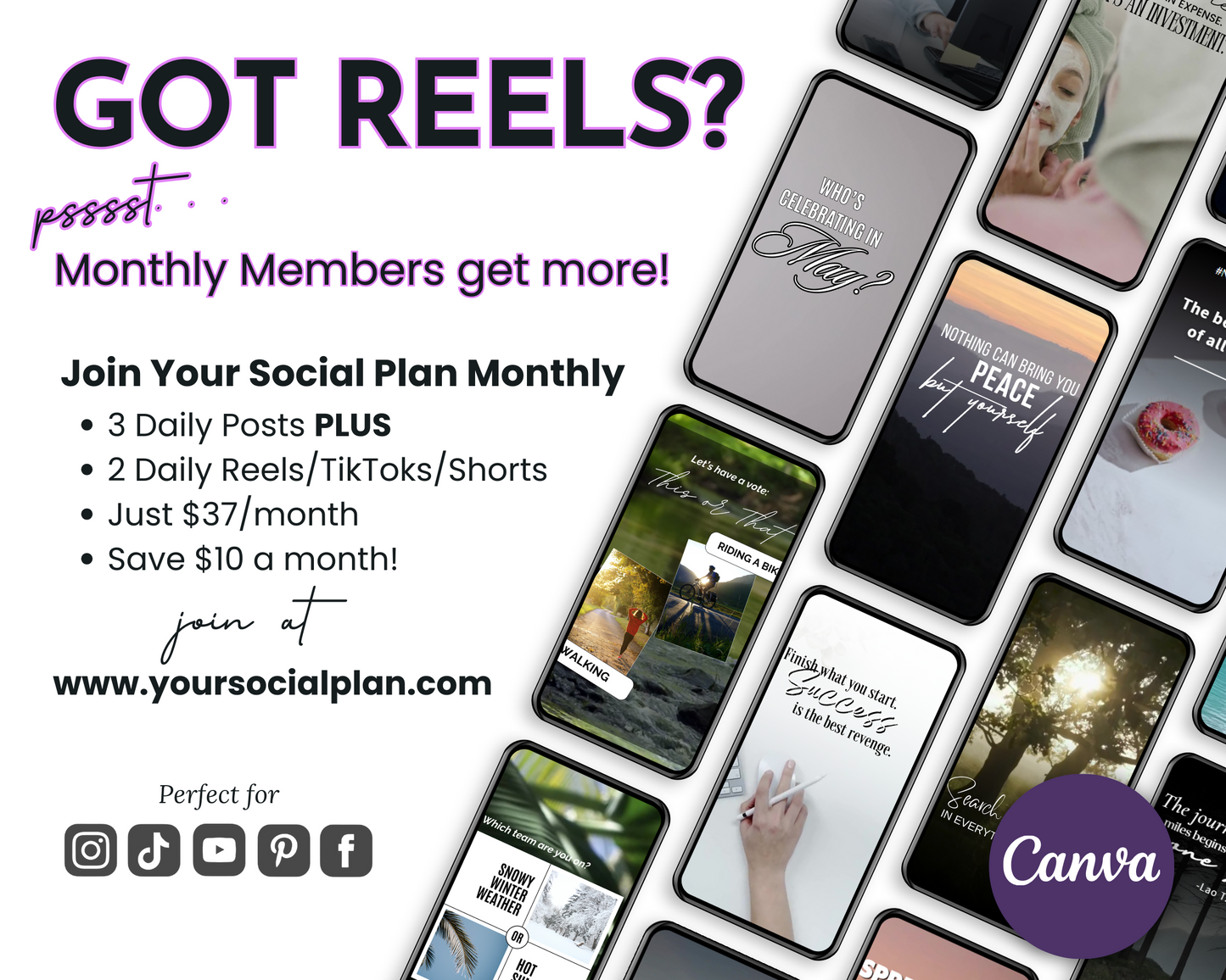 Promotional image for "May Daily Posting Plan" featuring membership benefits for social media content creation, including daily posting plans and smartphones displaying various posts, with the Get Socially Inclined logo in the corner.