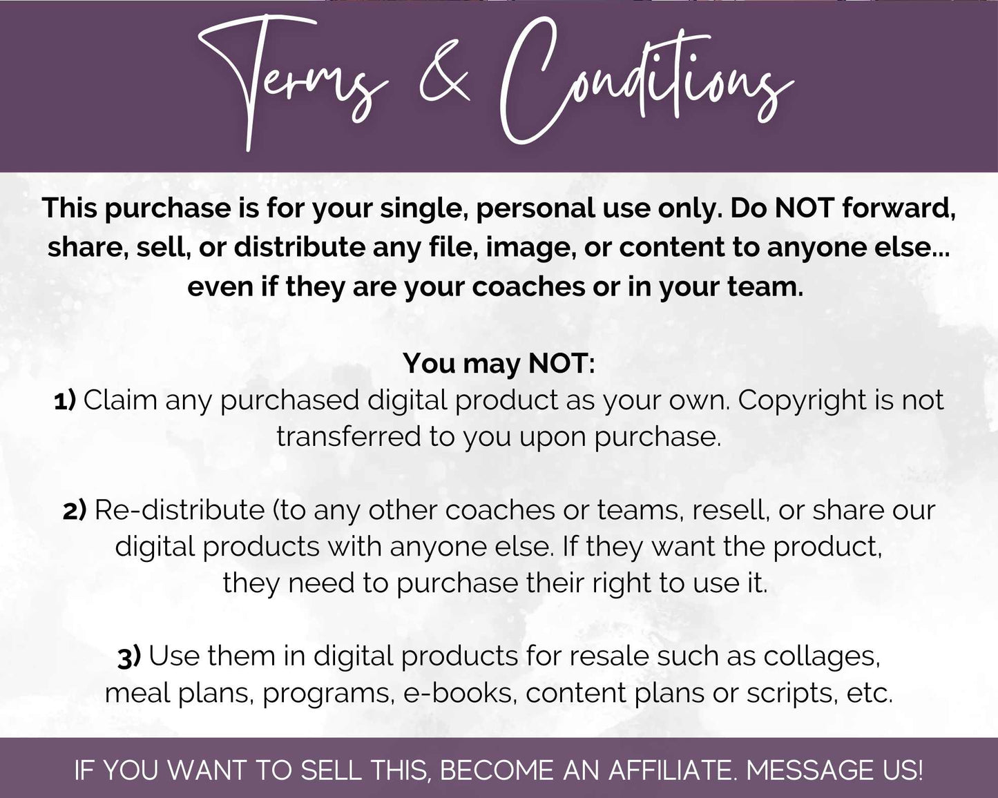 Terms and Conditions notice detailing restrictions on digital product use, including prohibitions on sharing, redistributing, and using purchased products for any other purposes. These guidelines are crucial for maintaining a consistent social media presence and aligning with our MVP Strategy when using the AUGUST Daily Posting Plan - Your Social Plan from Get Socially Inclined.