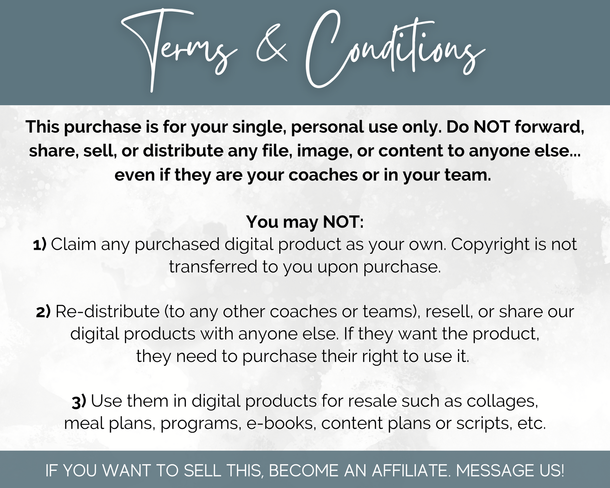 The terms and conditions for the purchase of a Success & Motivation Social Media Post Bundle with Canva Templates personal coaching package with content and business focus by Socially Inclined.