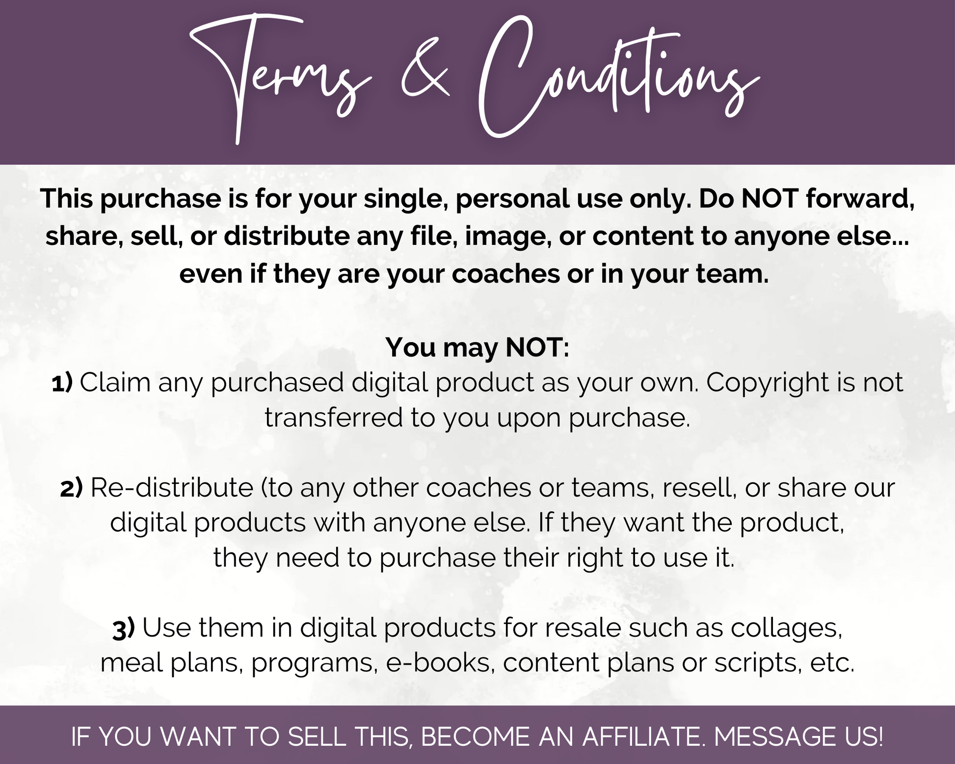 Terms and Conditions outlined for the July Daily Posting Plan - Your Social Plan by Get Socially Inclined, including restrictions on sharing, redistributing, social media posting, and using in digital products for resale.