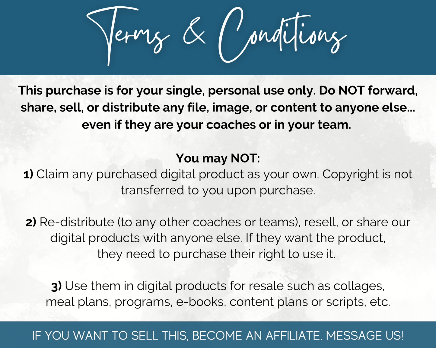 The terms and conditions for the purchase of a Personal Coaching Package with a focus on business, including the Accounting Social Media Post Bundle with Canva Templates offered by Socially Inclined.