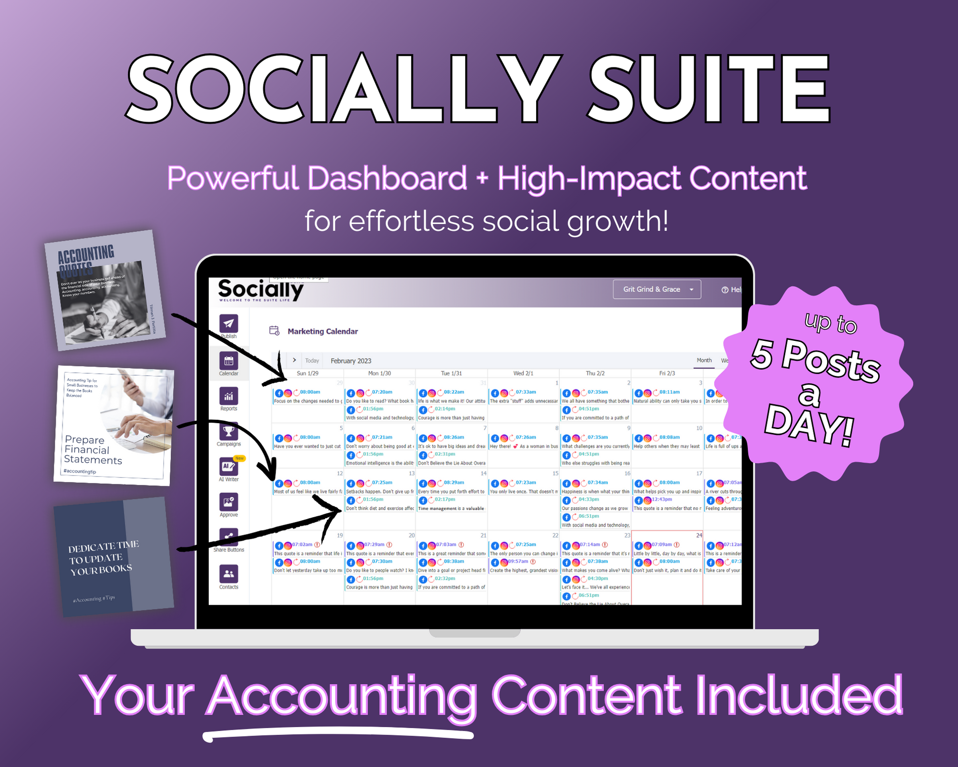 Get Socially Inclined's Socially Suite Membership is a powerful dashboard designed for managing social media presence and content management. It offers high content options and also includes accounting content, making it a comprehensive tool for social media marketing.