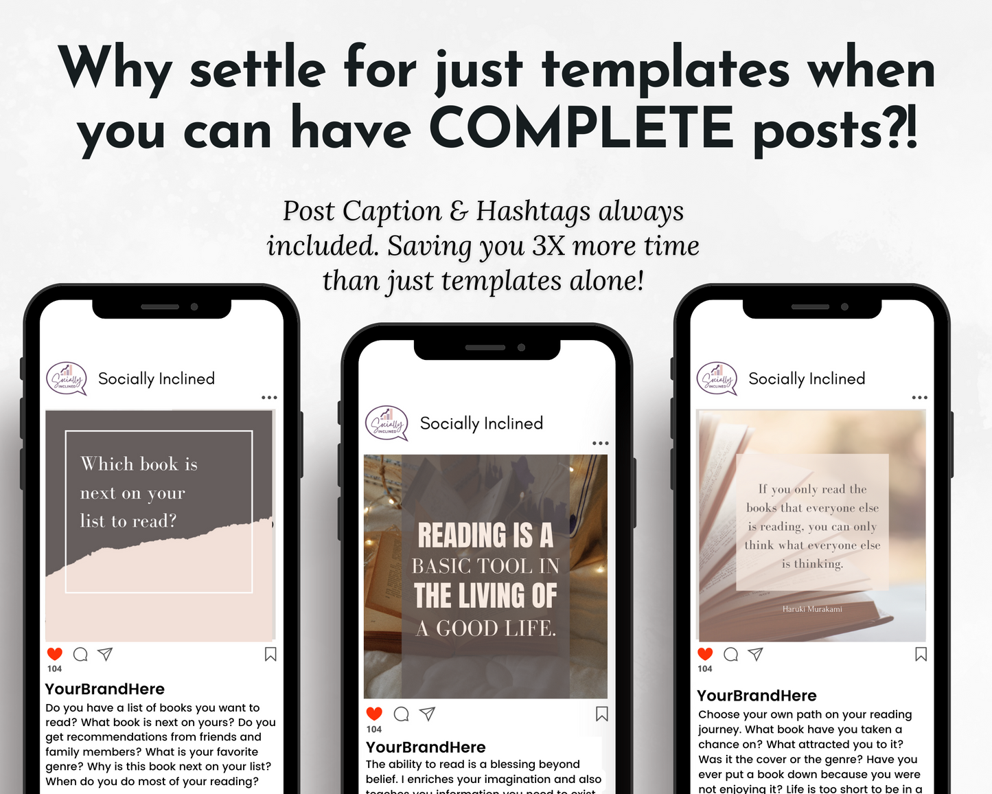 Four Book Lover's Social Media Post Bundles with Canva Templates from Socially Inclined for social media images.