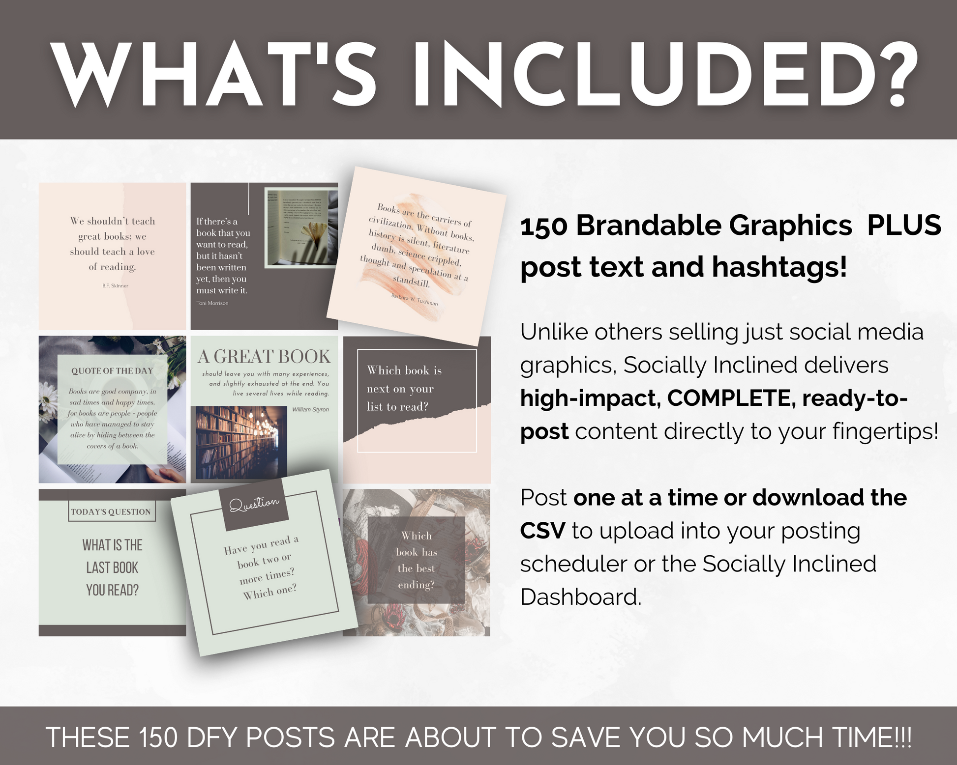 What's included in the Book Lover's Social Media Post Bundle with Canva Templates from Socially Inclined?