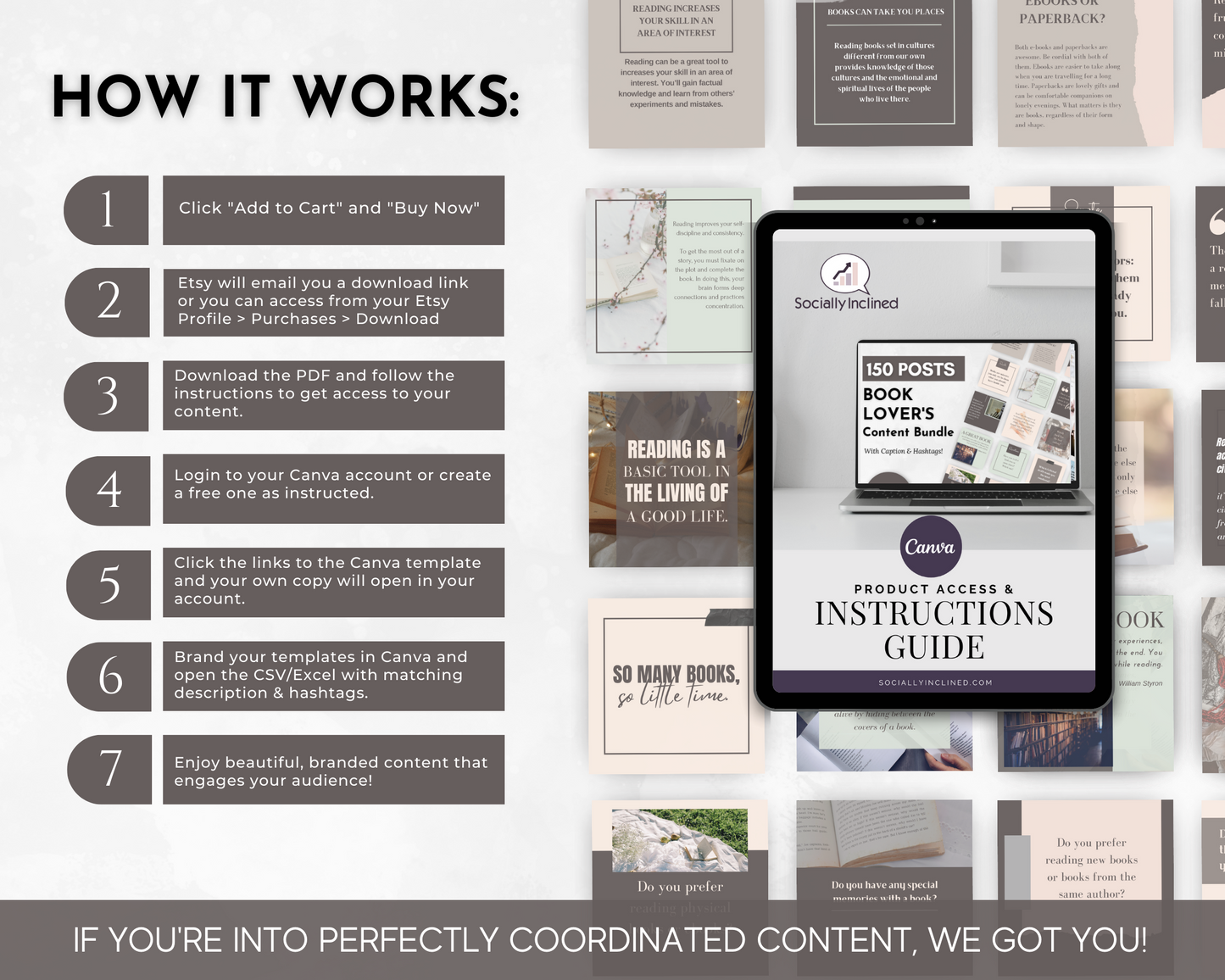 Instruction guide for creating engaging social media content using the Book Lover's Social Media Post Bundle with Canva Templates from Socially Inclined.