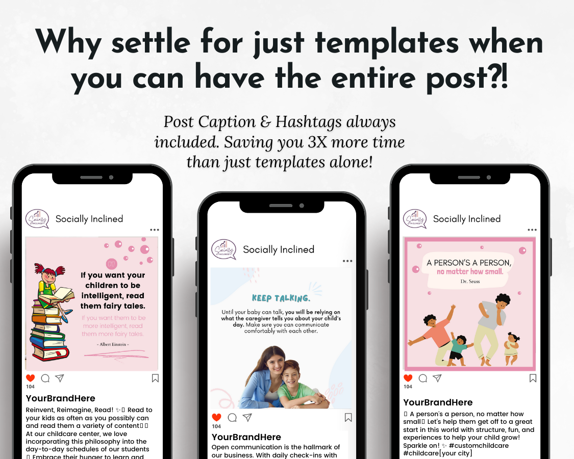 Four Social Media Post Bundles for Childcare, capturing the entire post with Canva Templates from Socially Inclined.
